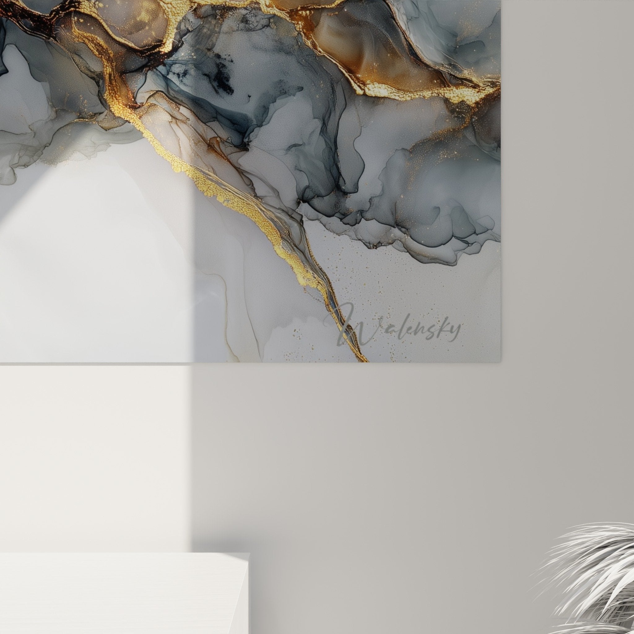 Abstract marble painting living room modern wall decor golden veins gray elegant contemporary