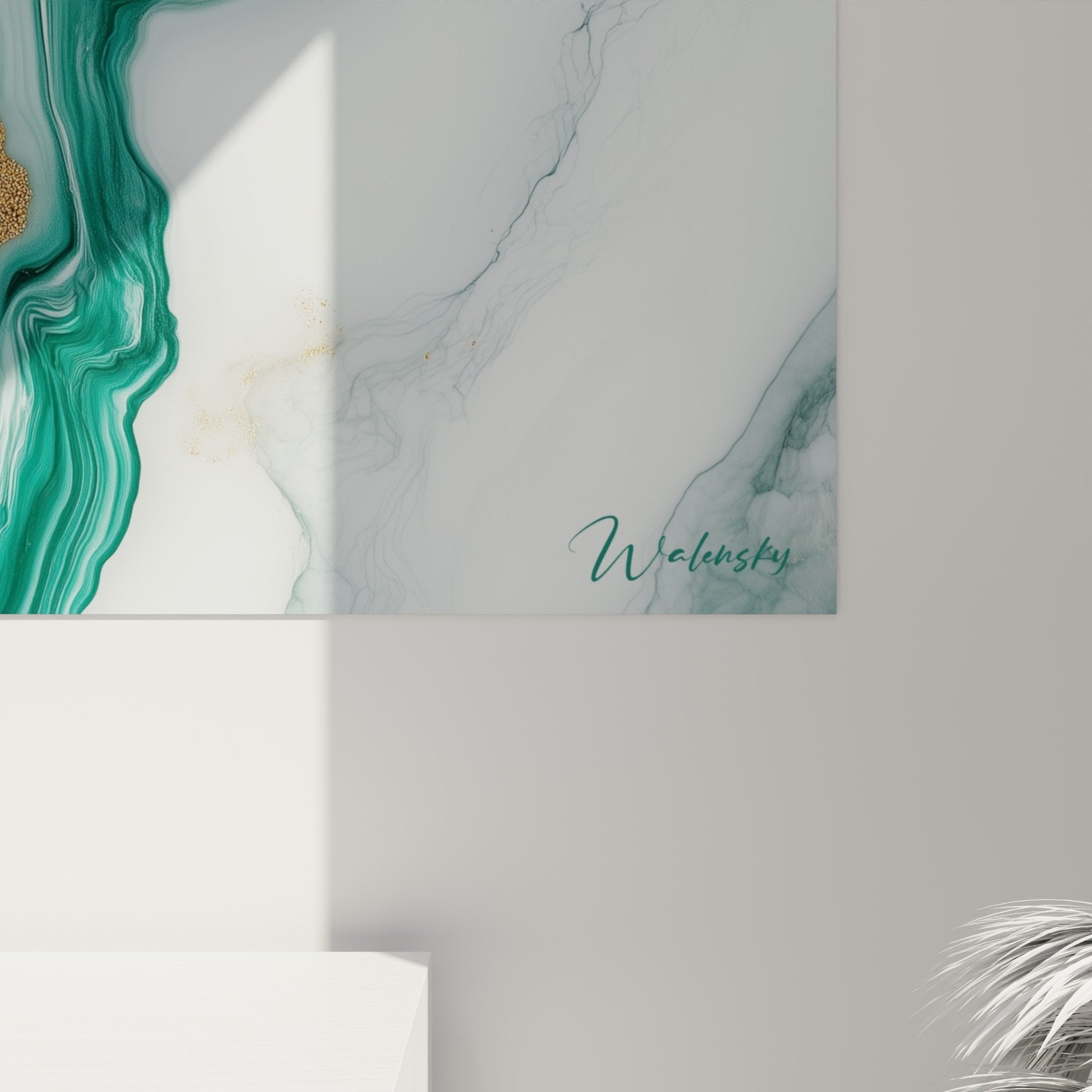 Vue ensemble tableau marbre abstrait turquoise blanc dore salon decoration murale contemporaine