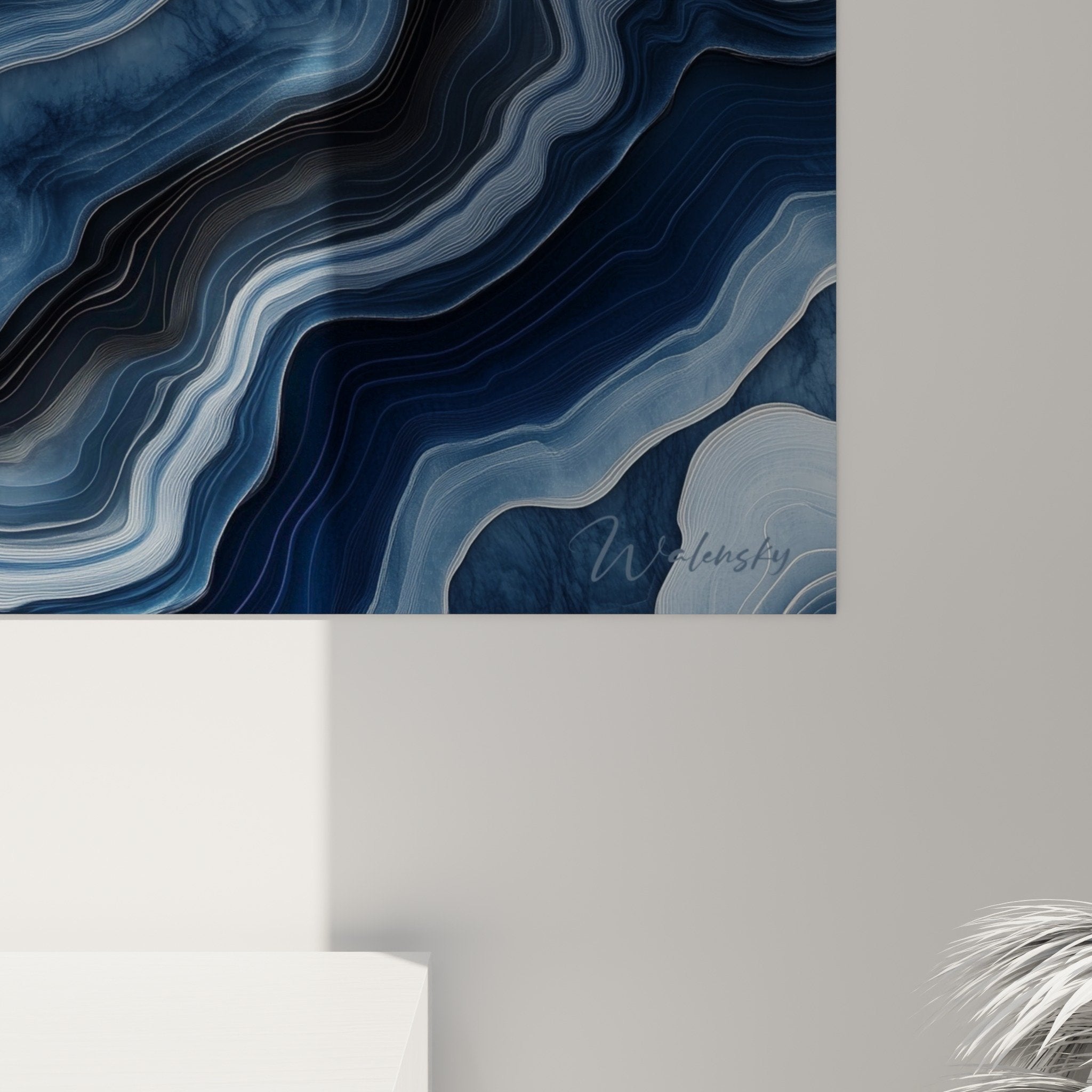 Full view of abstract marble painting with blue and beige waves modern interior decoration