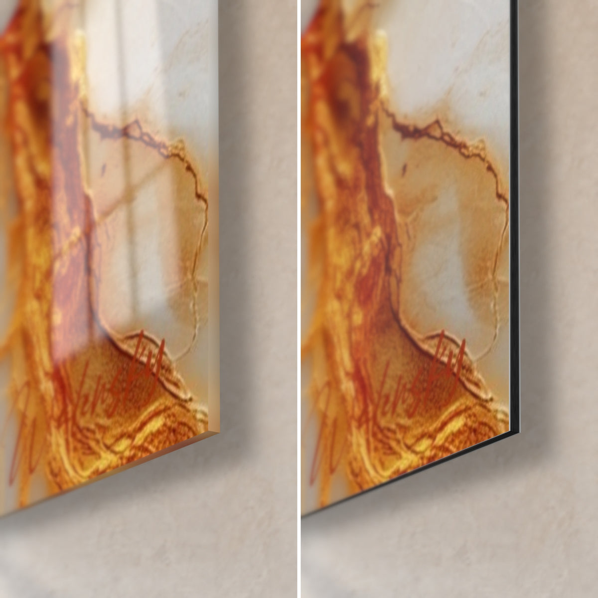 Wall art in mother-of-pearl stone with copper filaments, bottom right corner: glossy acrylic glass on the left, matte black Dibond on the right