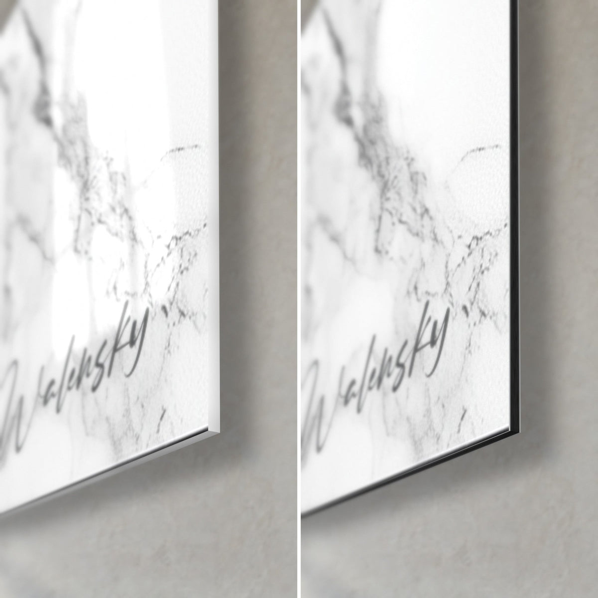 Tableau veines de marbre blanc et gris, signature Walensky cursive, coin bas droit en verre brillant et Dibond mat