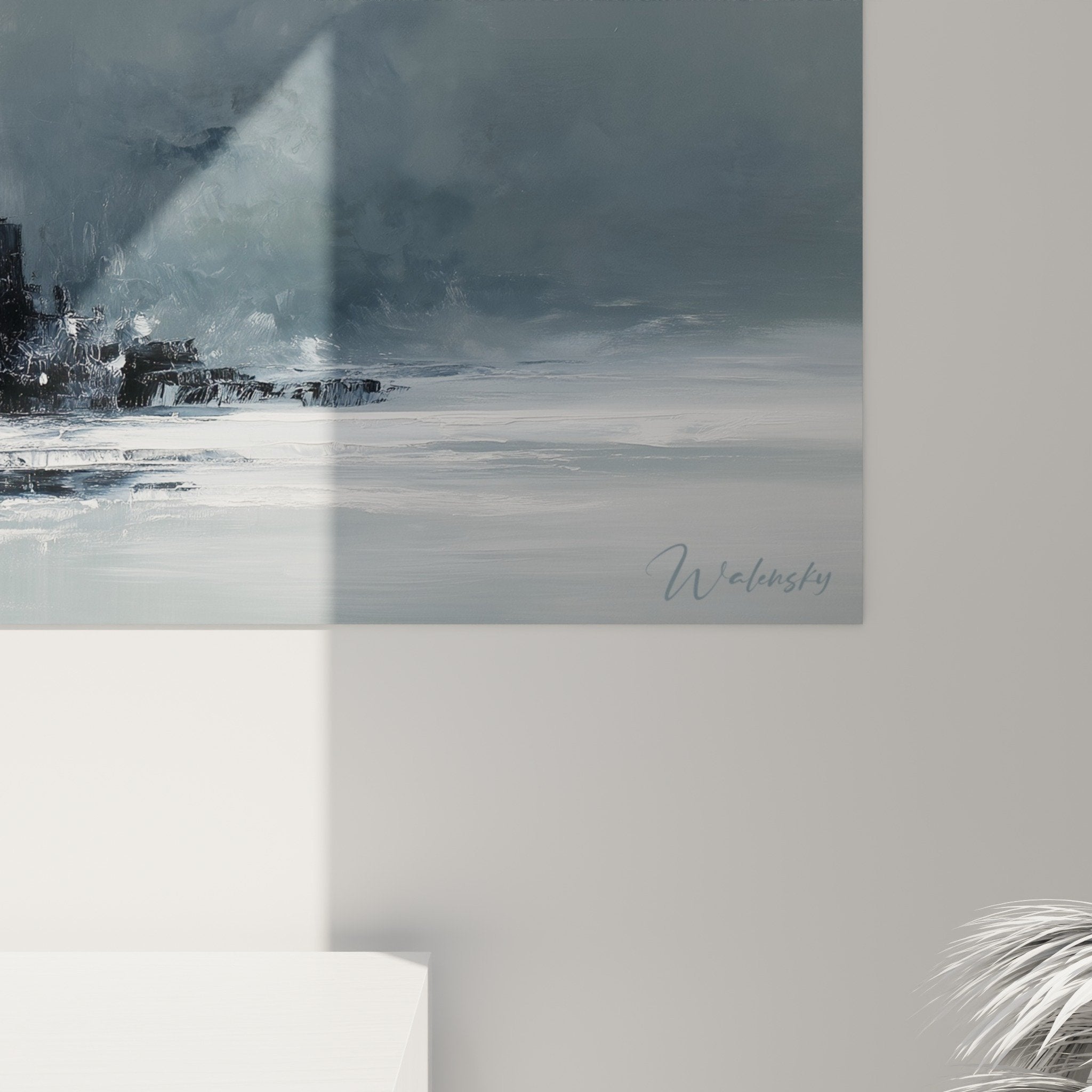 Vue ensemble tableau paysage marin panoramique gris blanc decoration murale feng shui
