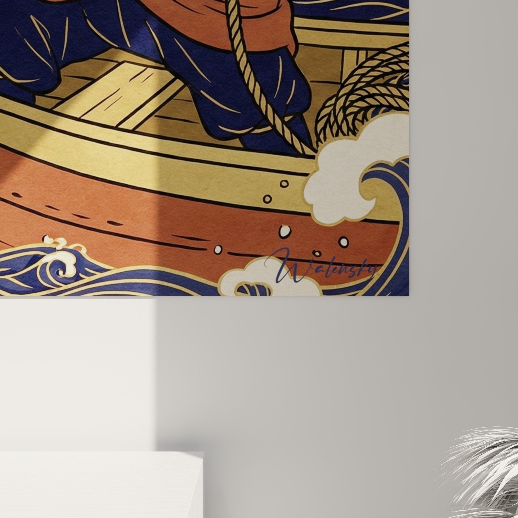 Vue ensemble tableau maritime japonais samouraï moules decoration murale bleu or ukiyo-e authentique