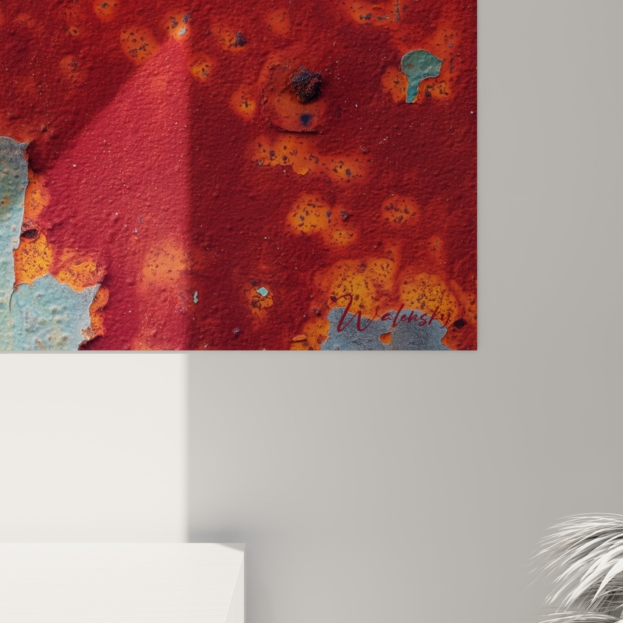 Overall view of rust metal wall art orange red feng shui south fire modern interior loft decoration