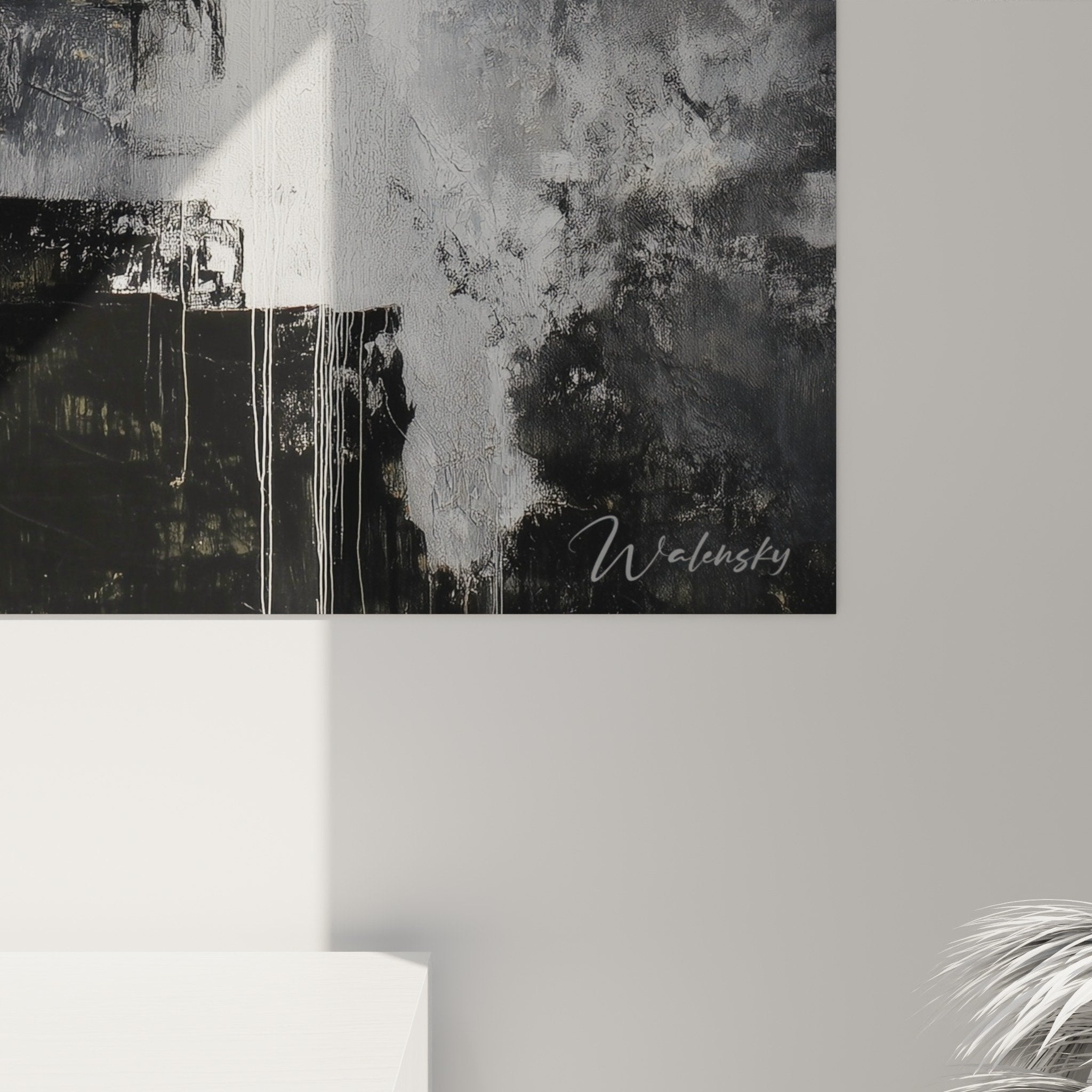 overview abstract painting misty metropolis gray black gold feng shui west metal living room