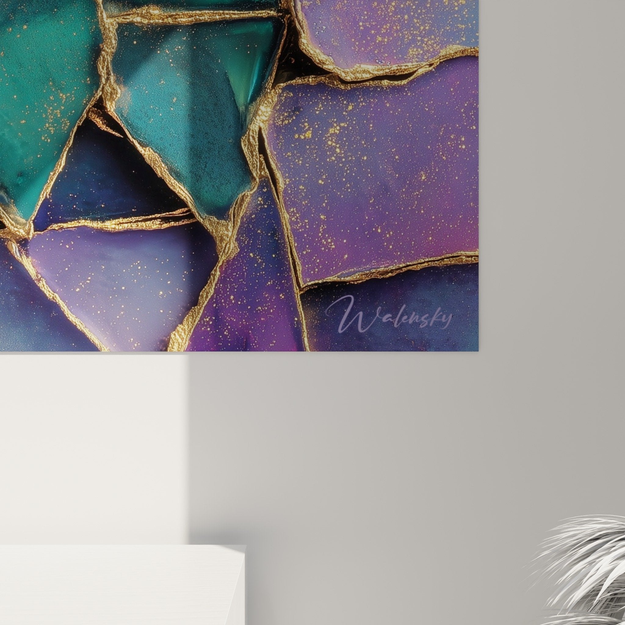 Abstract mosaic wall art with colored fragments in purple and turquoise feng shui decor