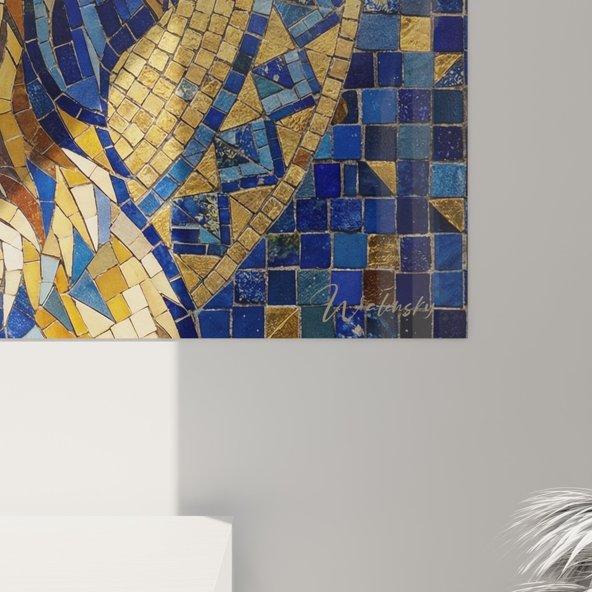 Gesamtansicht Mosaikgemälde Leonberg Wohnzimmerdeko Wandkunst edler Hund Gold Blau