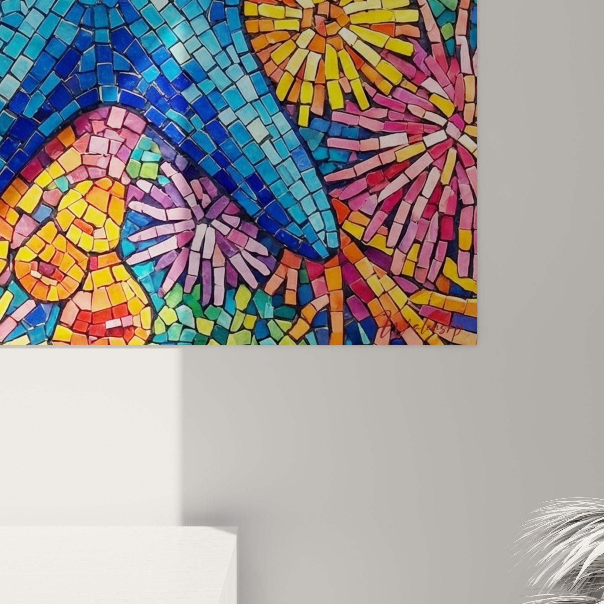 Gesamtansicht Mosaikbild Meerstern modernes Wohnzimmer Wandkunst zeitgenössische Kunst farbig