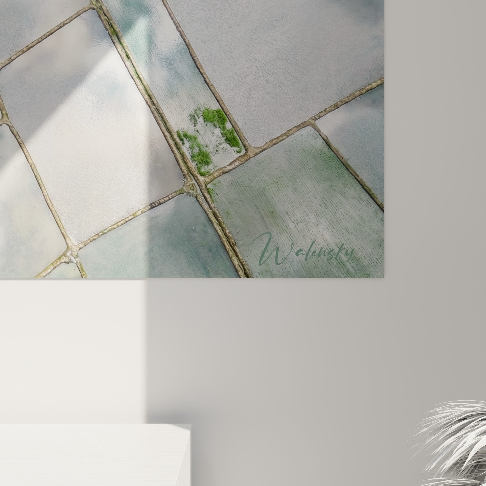 Vue ensemble tableau mosaïque turquoise verte salon decoration style contemporain zen
