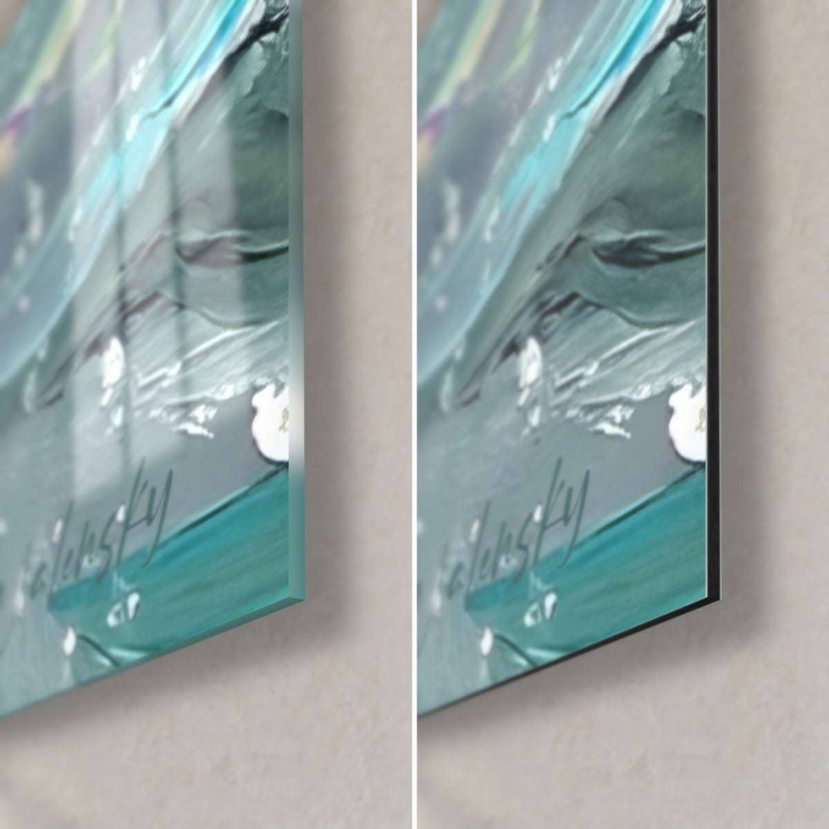 Tableau oiseau marin éclaboussant l'eau, empreinte de pâte épaisse bleu-vert, verre brillant et Dibond mat, tranche de 3 mm