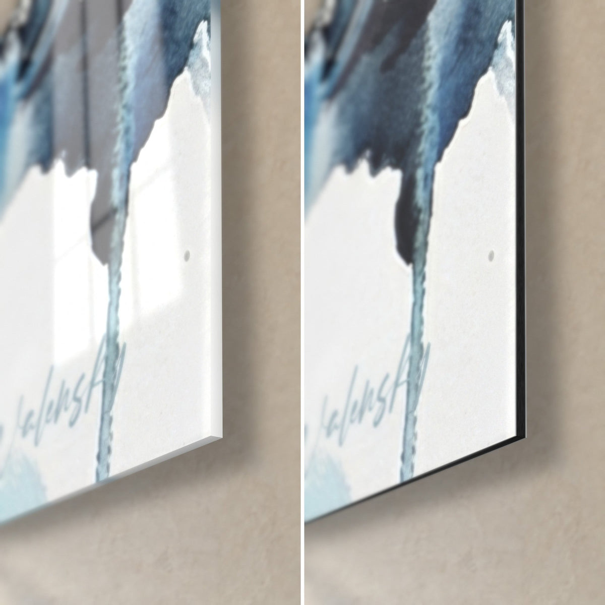 Gemälde mit einer Miesmuschelgruppe in Aquarell, untere rechte Ecke: links glänzendes Acrylglas, rechts mattes schwarzes Dibond, blauer Farbverlauf