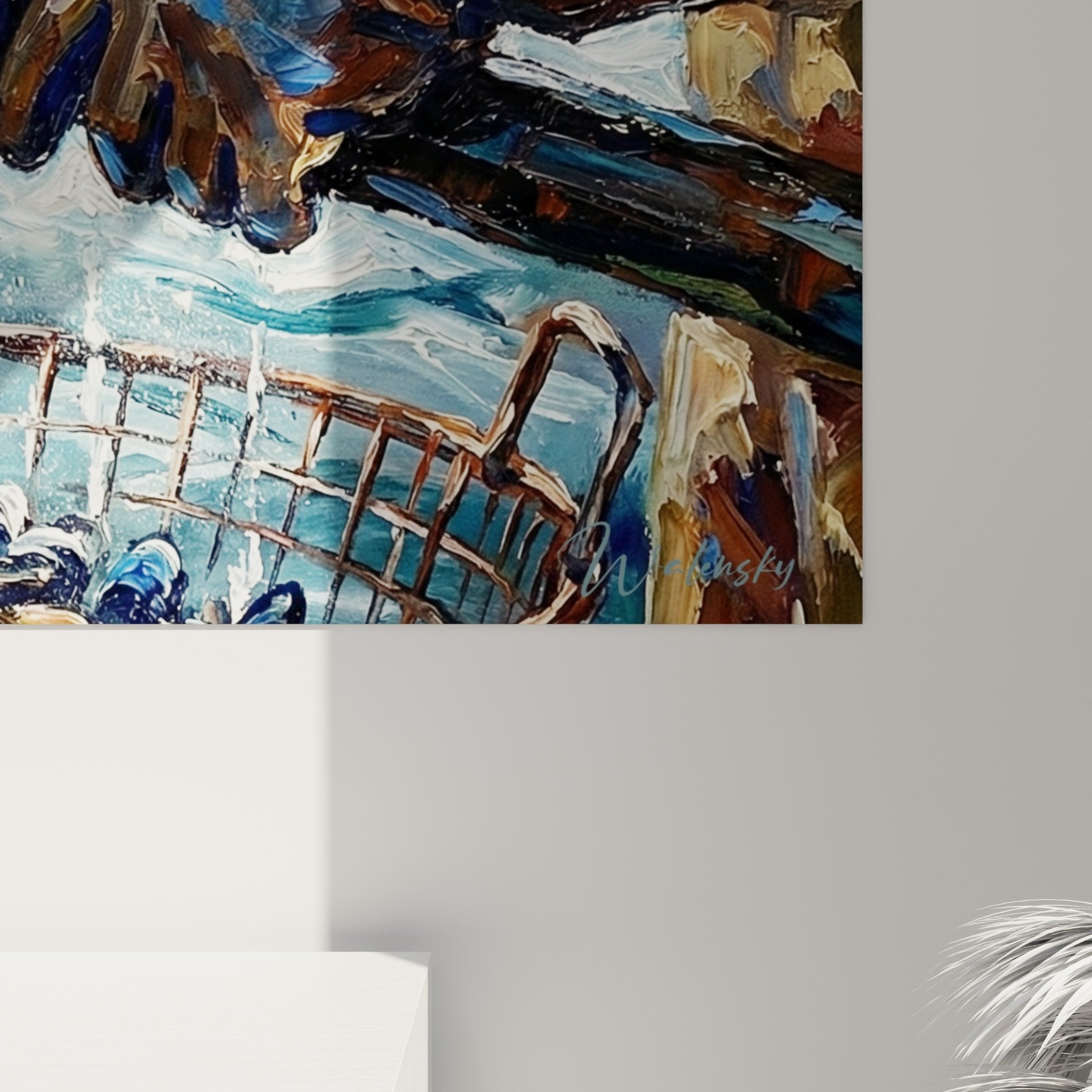 Gesamtansicht Wandgemälde Meeresformen Wohnzimmer Wanddekoration blaue Atmosphäre authentische maritime Stimmung Zuhause