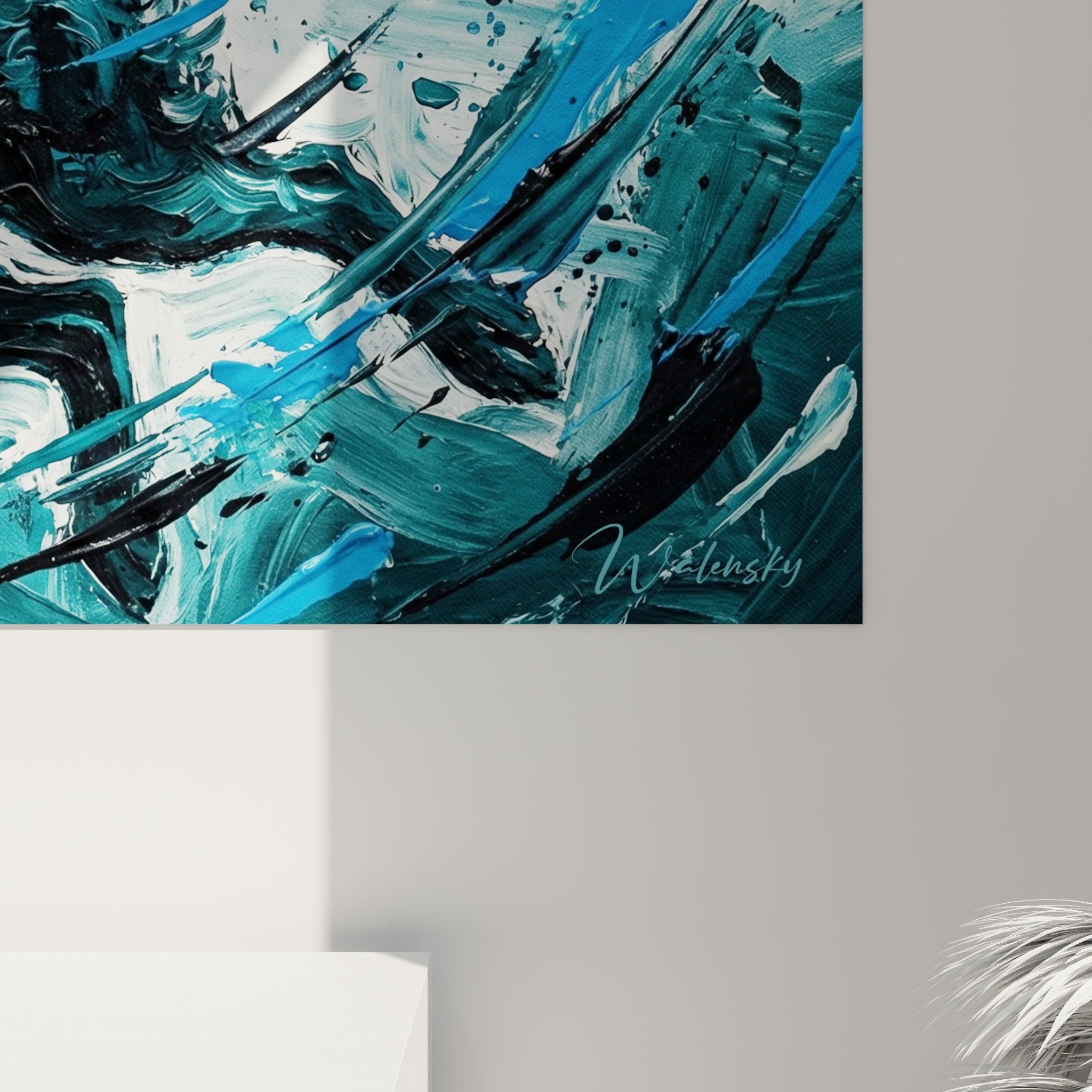 Vue ensemble tableau Mudi aquatique vagues bleues decoration interieure style contemporain