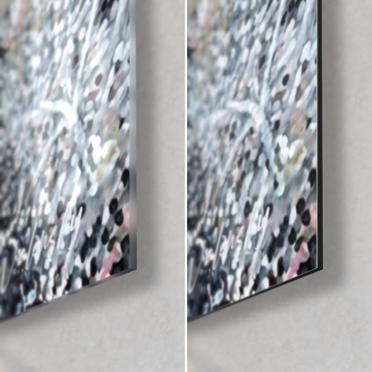 Pointillistisches Gemälde eines schwarzen Mudi, untere rechte Ecke: glänzendes Acrylglas links, mattes Dibond rechts, weiße und schwarze Punkte, 3 mm Kante