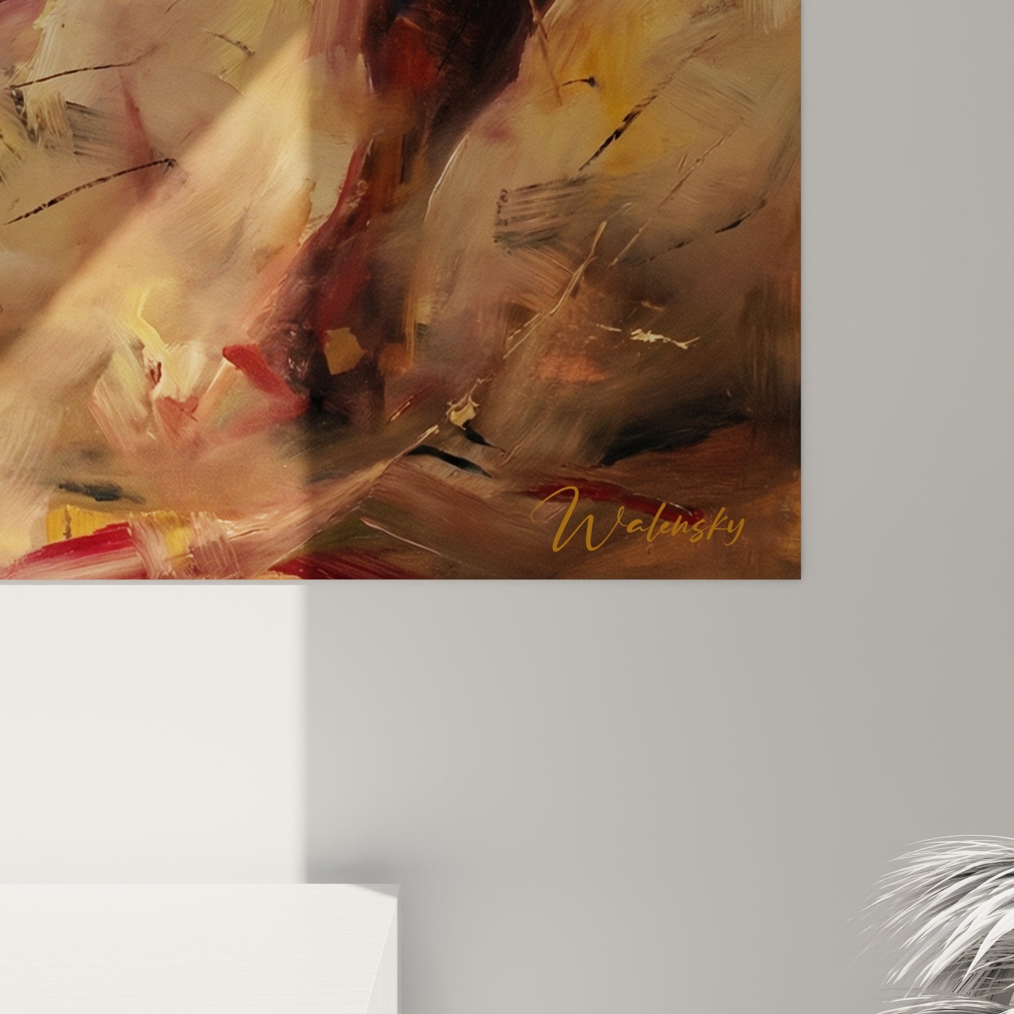Full view of Mudi puppy running painting with ochre red background wall art