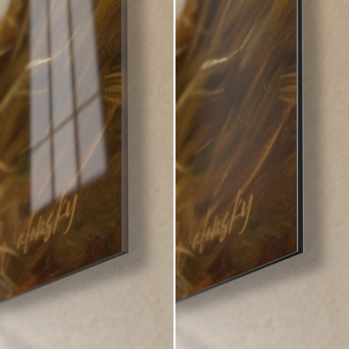 Gemälde eines schwarzen Mudi mit seinem kleinen Welpen, untere rechte Ecke aus glänzendem Glas, das das Fenster spiegelt, und mattes braunes Dibond, 3 mm Kante