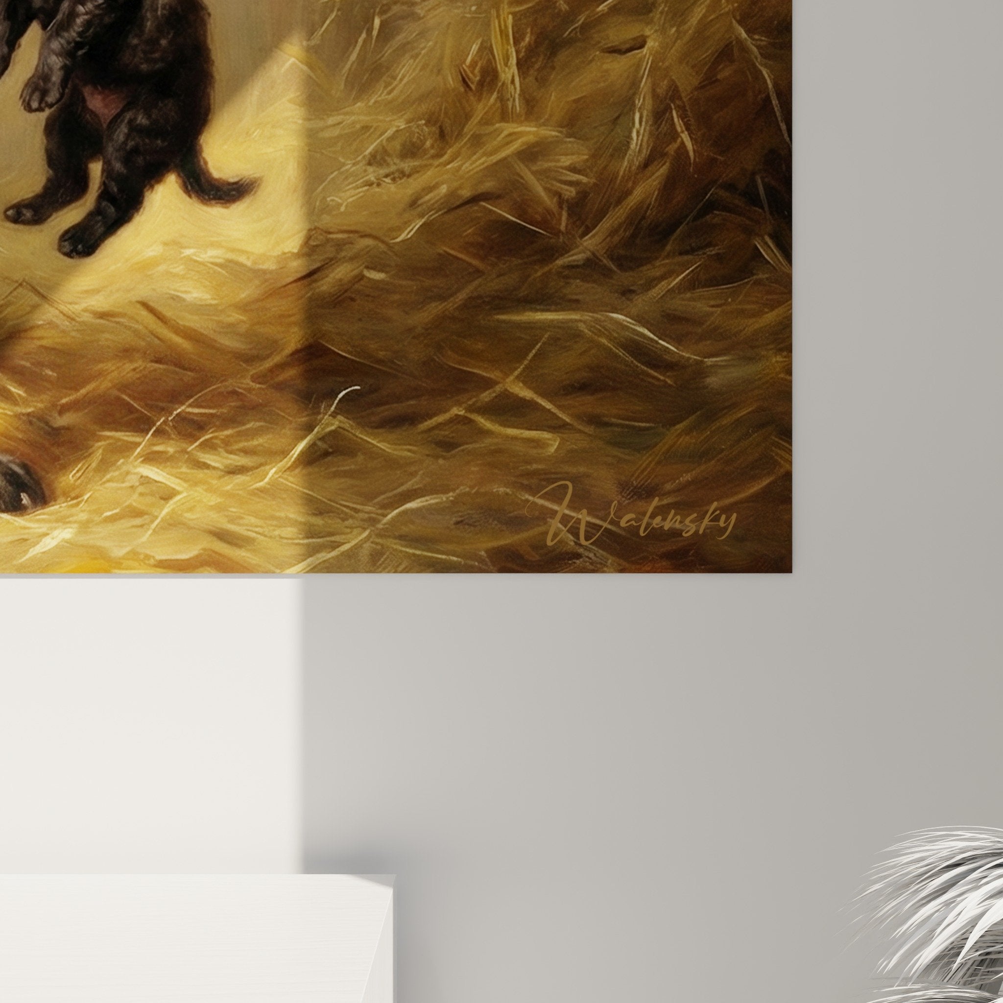 Full view of Mudi instinct maternal puppy artwork in rustic sheep barn warm ambiance