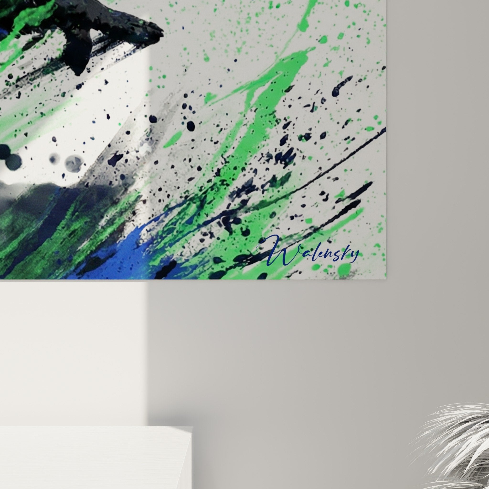 overall view mudi decorative wall art contemporary living room dog movement