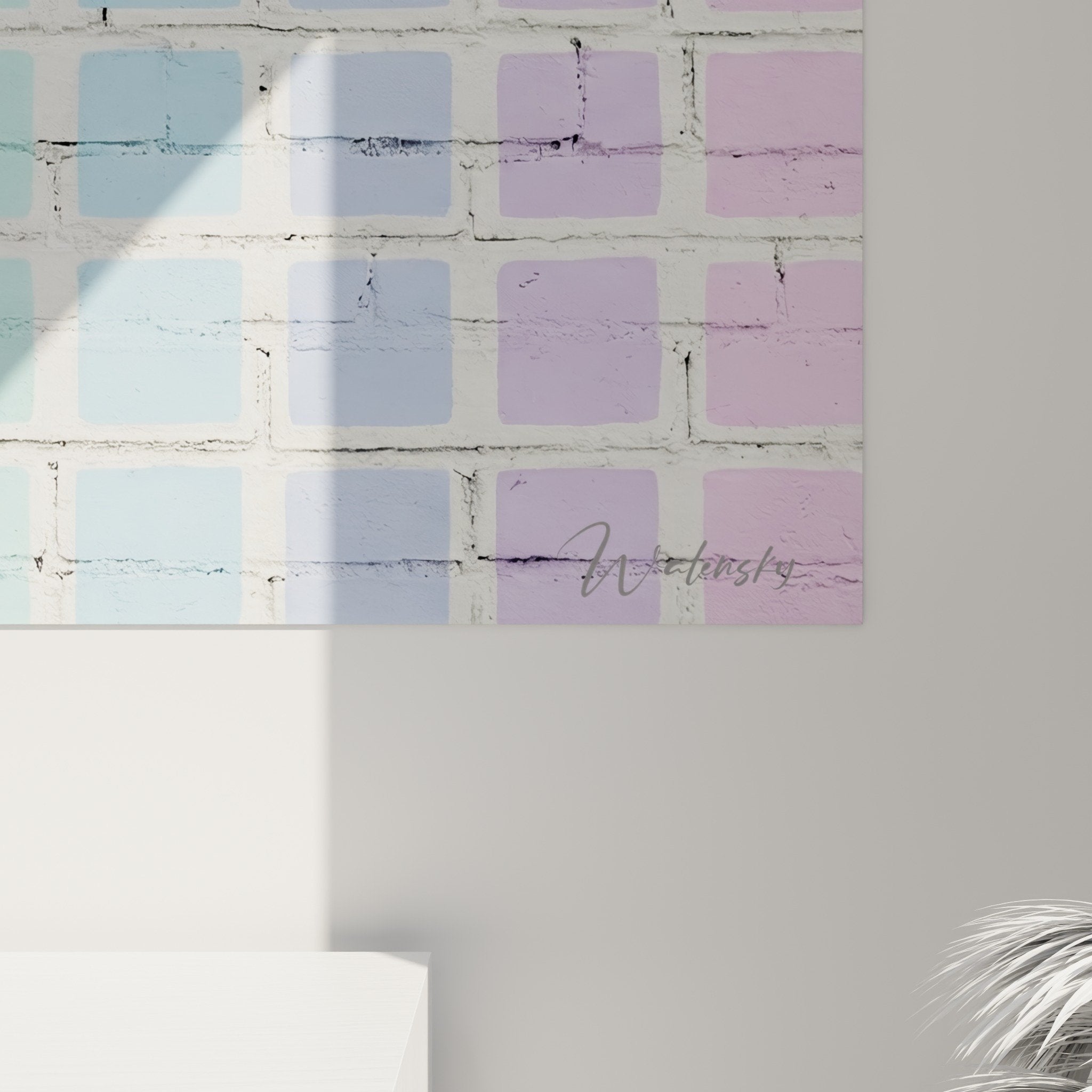 Gesamtansicht modernes Wandbild mit bunten Pastellziegeln urbane zeitgenössische Wanddekoration