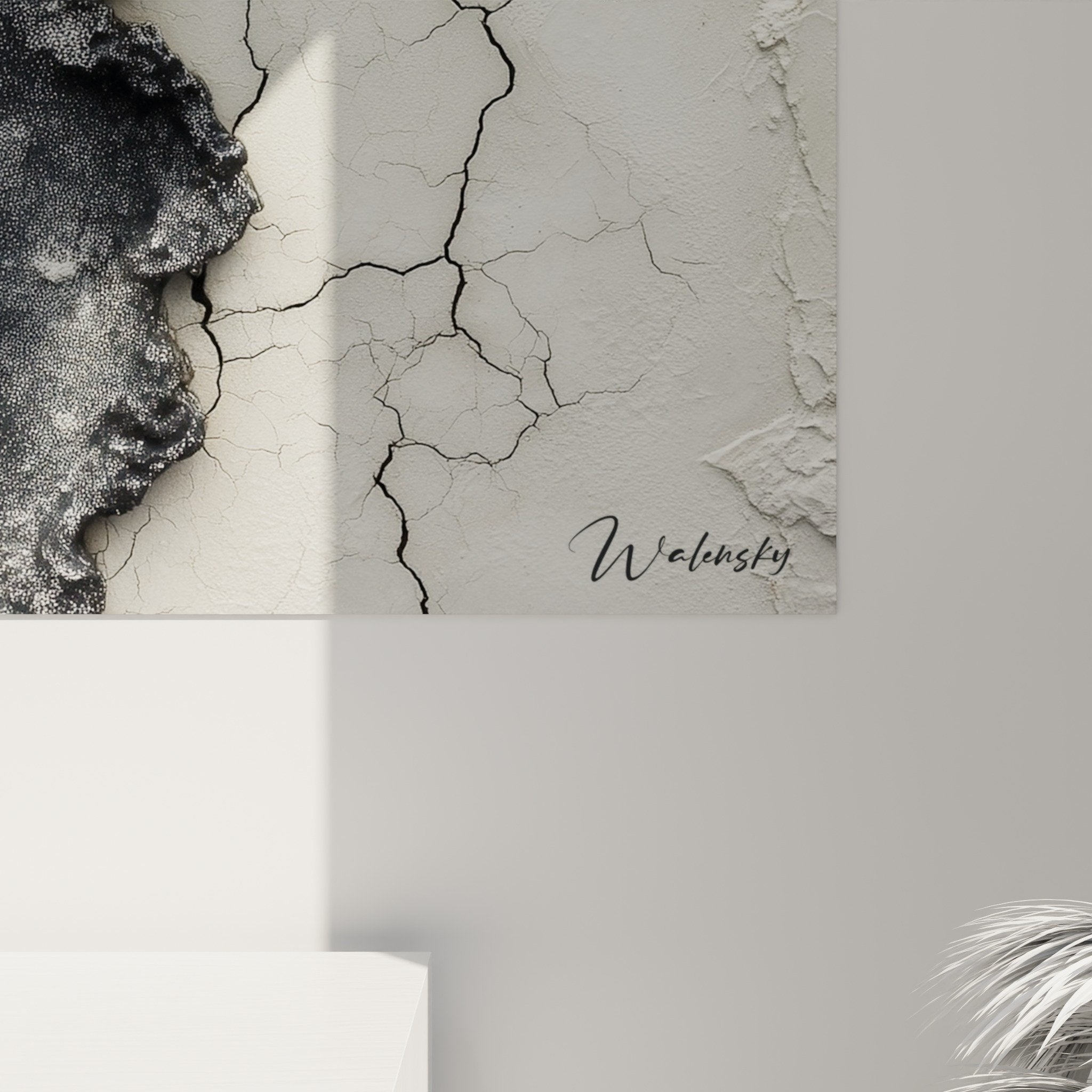 Vue perspective tableau mural abstrait contraste noir blanc, creation feng shui nord-ouest metal deco
