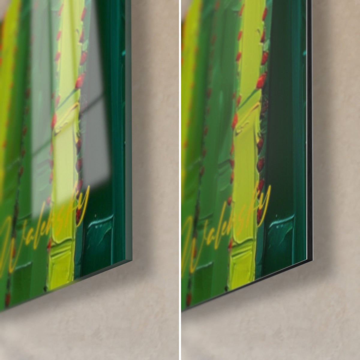 Gemälde Kaktus mit roten Stacheln, untere rechte Ecke: glänzendes Acrylglas mit Reflexen links, mattes grünes Dibond-Aluminium rechts