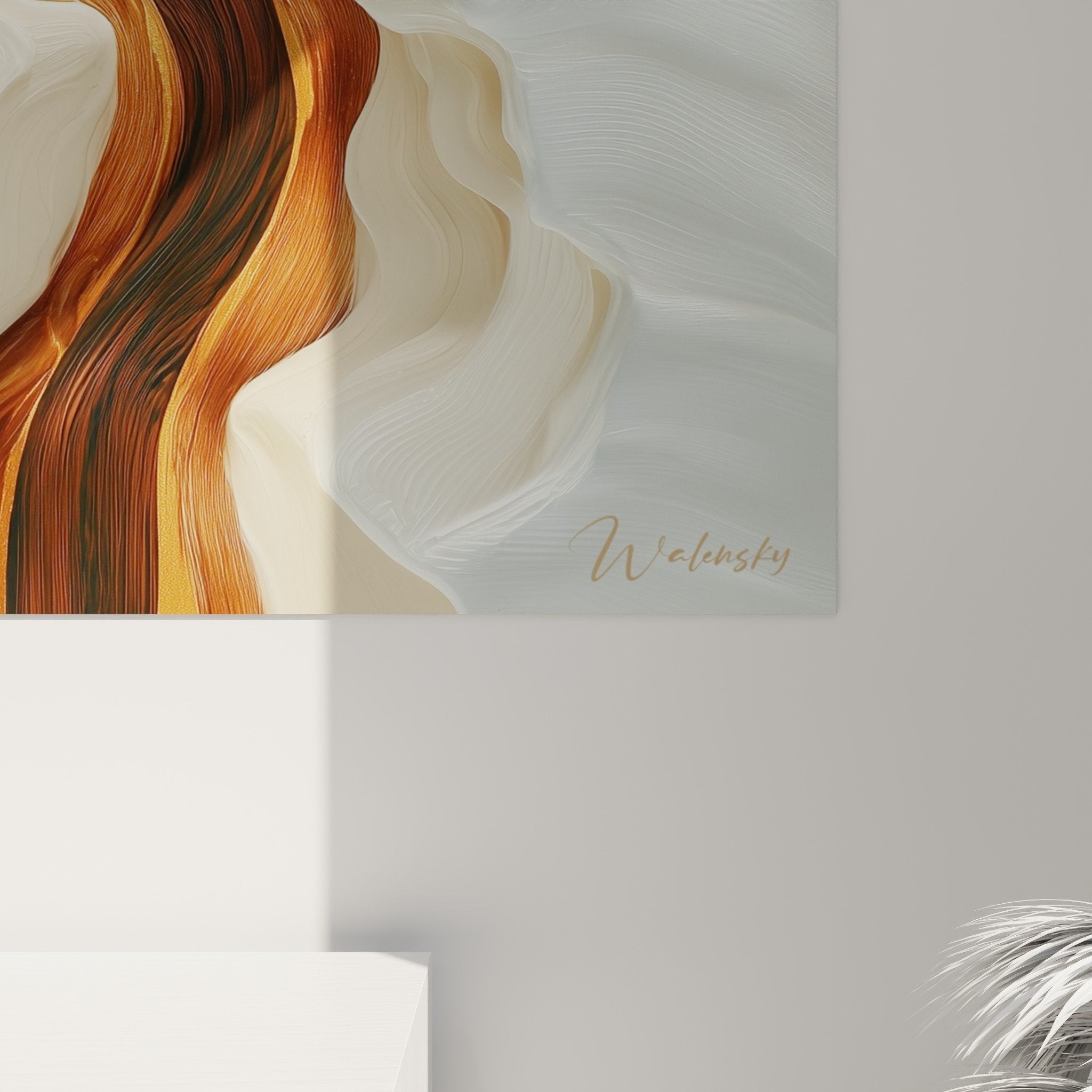 Gesamtansicht abstraktes Wandgemälde mit fließenden Formen, natürliche Beige-Rostpalette, Zen-Dekoration