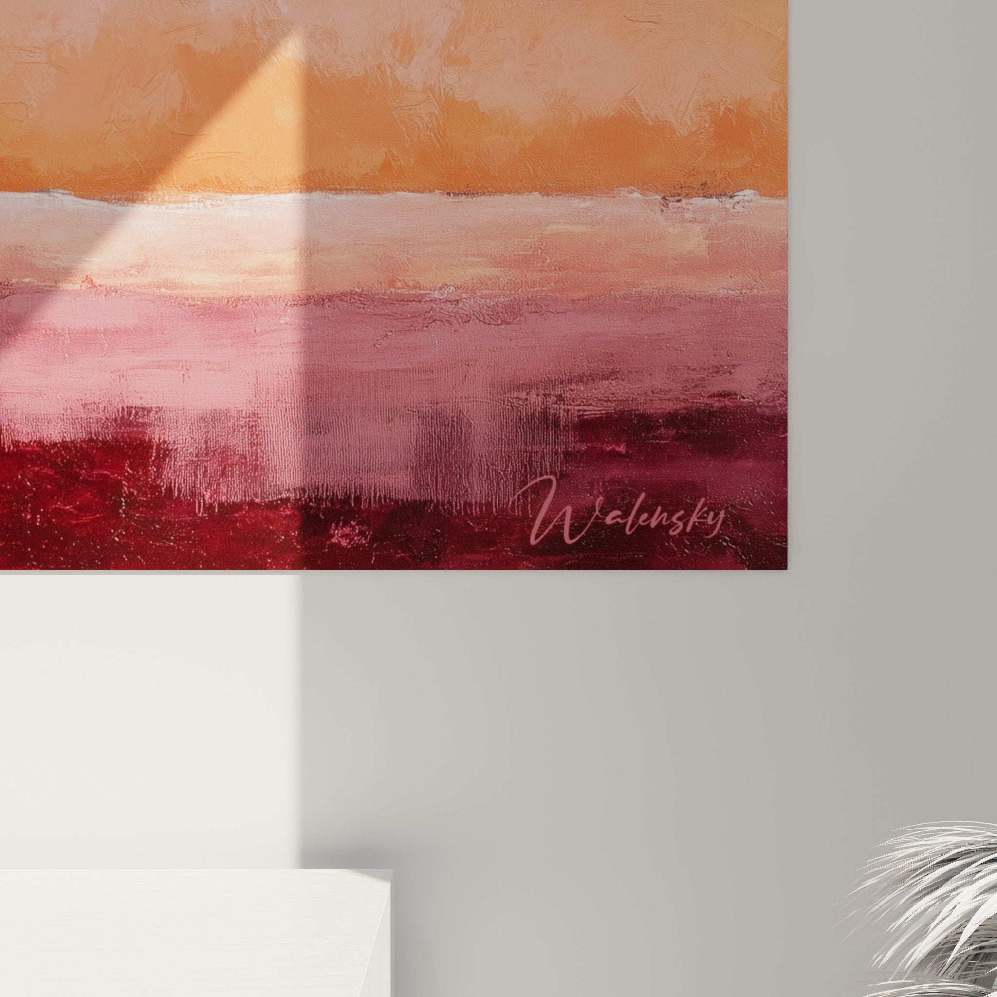 Vue ensemble tableau mural abstrait horizontales roses salon decoration feng shui sud-ouest terre