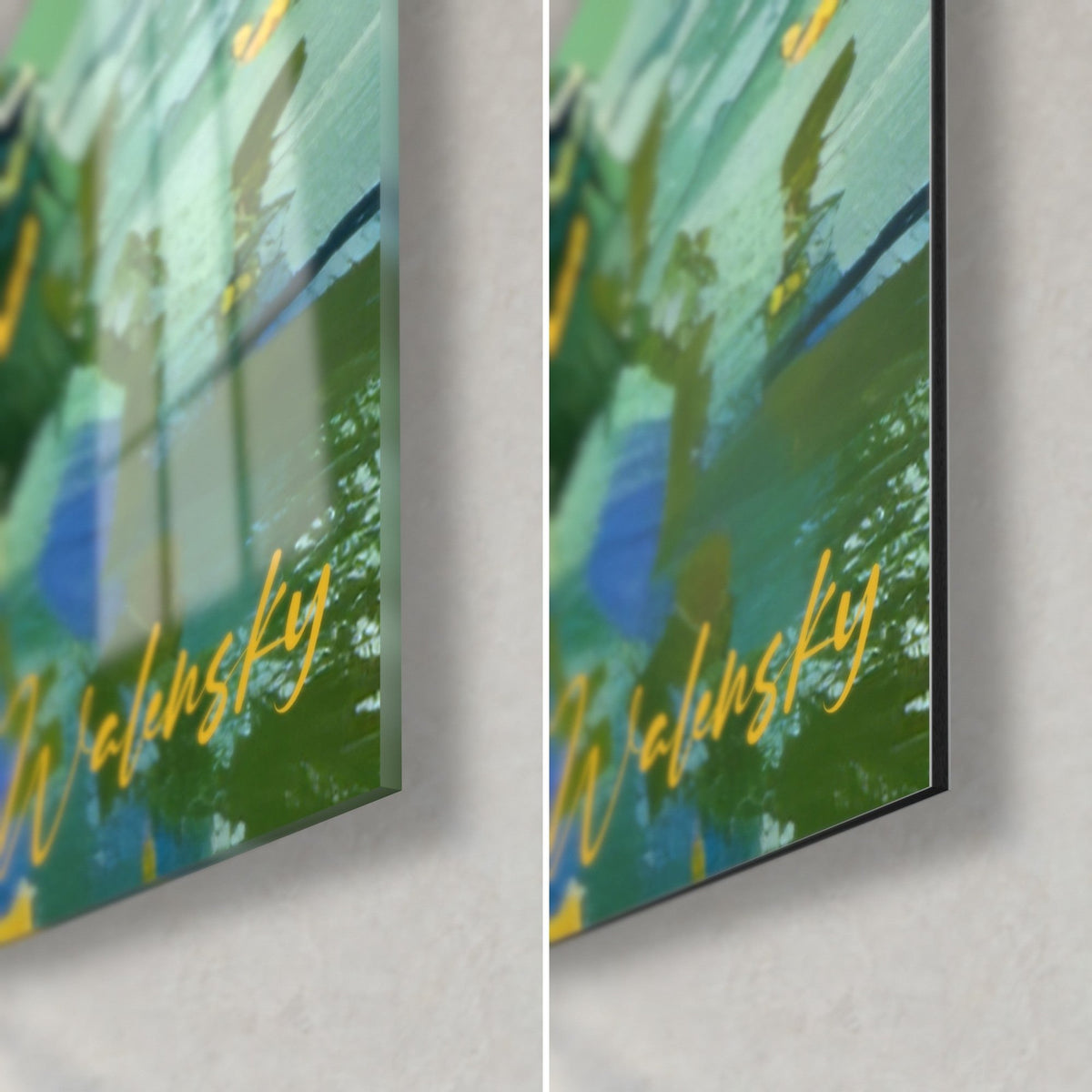 Abstract wall art in blue and green, lower right corner, glossy acrylic glass, reflections and matte Dibond aluminum, yellow signature, 3 mm edge