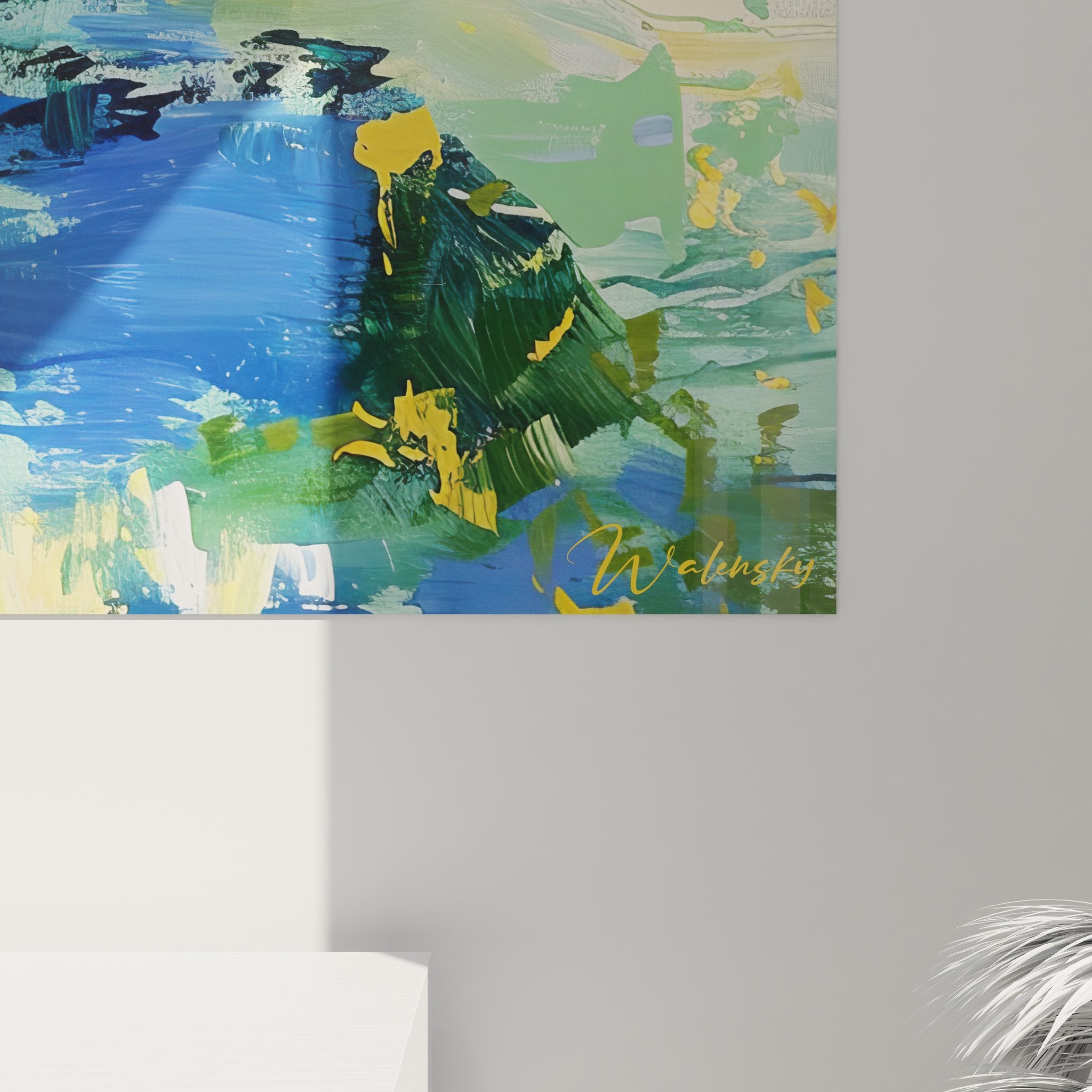 Vue ensemble tableau abstrait océanique bleu art expressionniste décoration murale