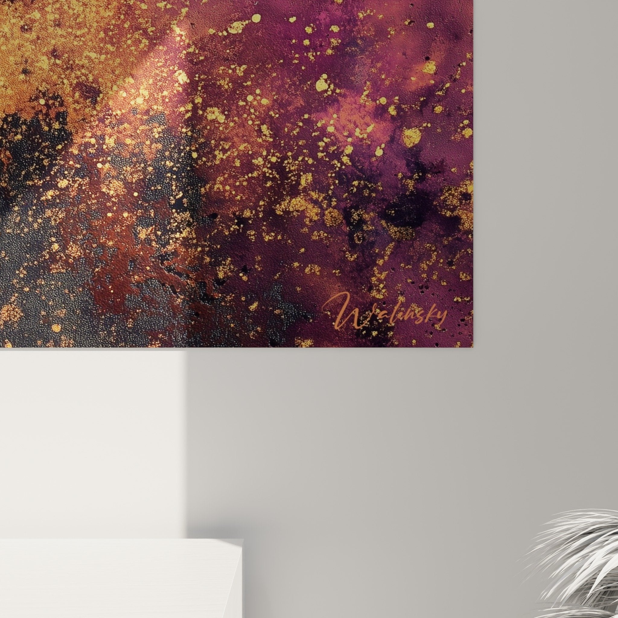 Abstract wall art painting living room decor purple orange golden particles modern feng shui