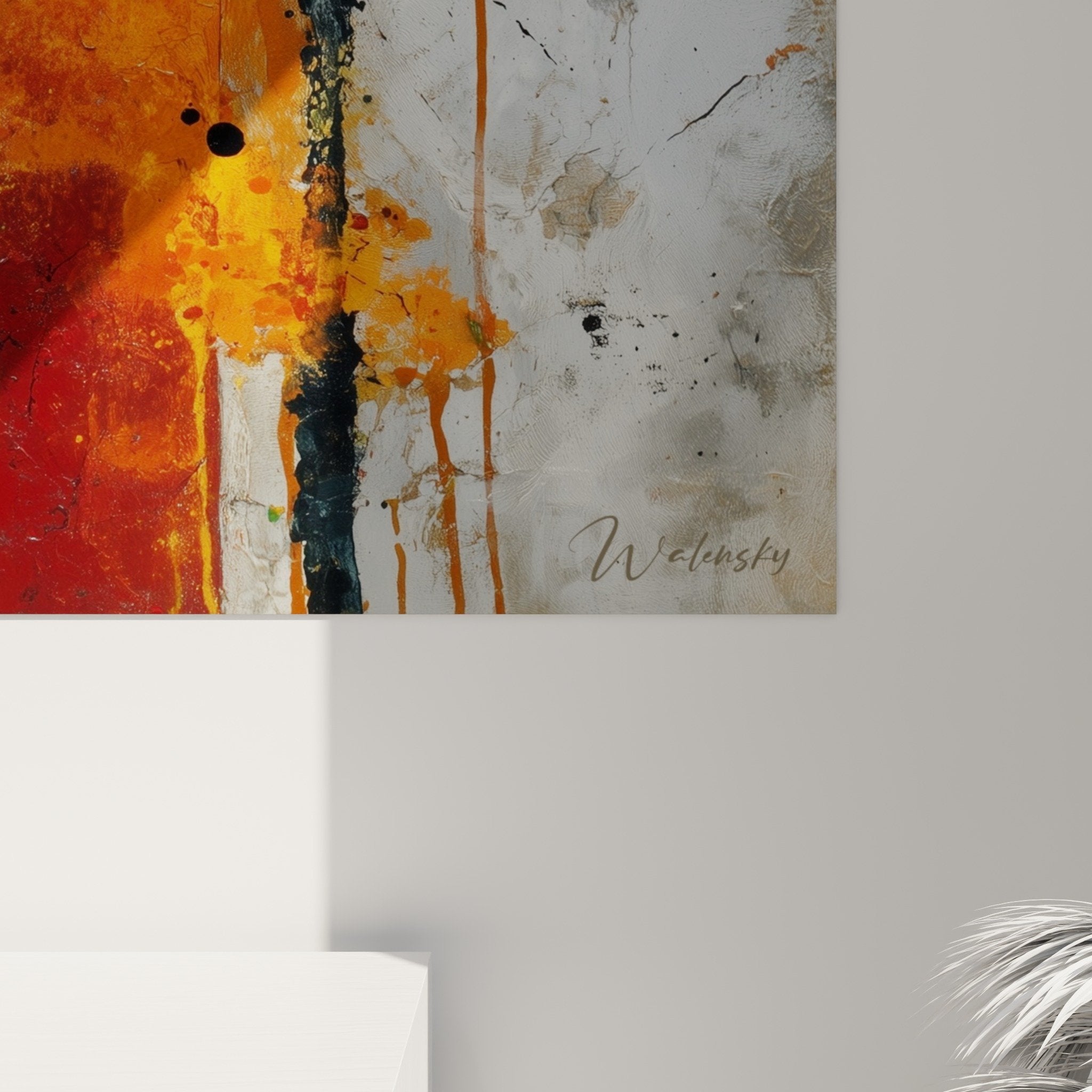 Abstract red orange black wall art perspective living room decor feng shui south fire