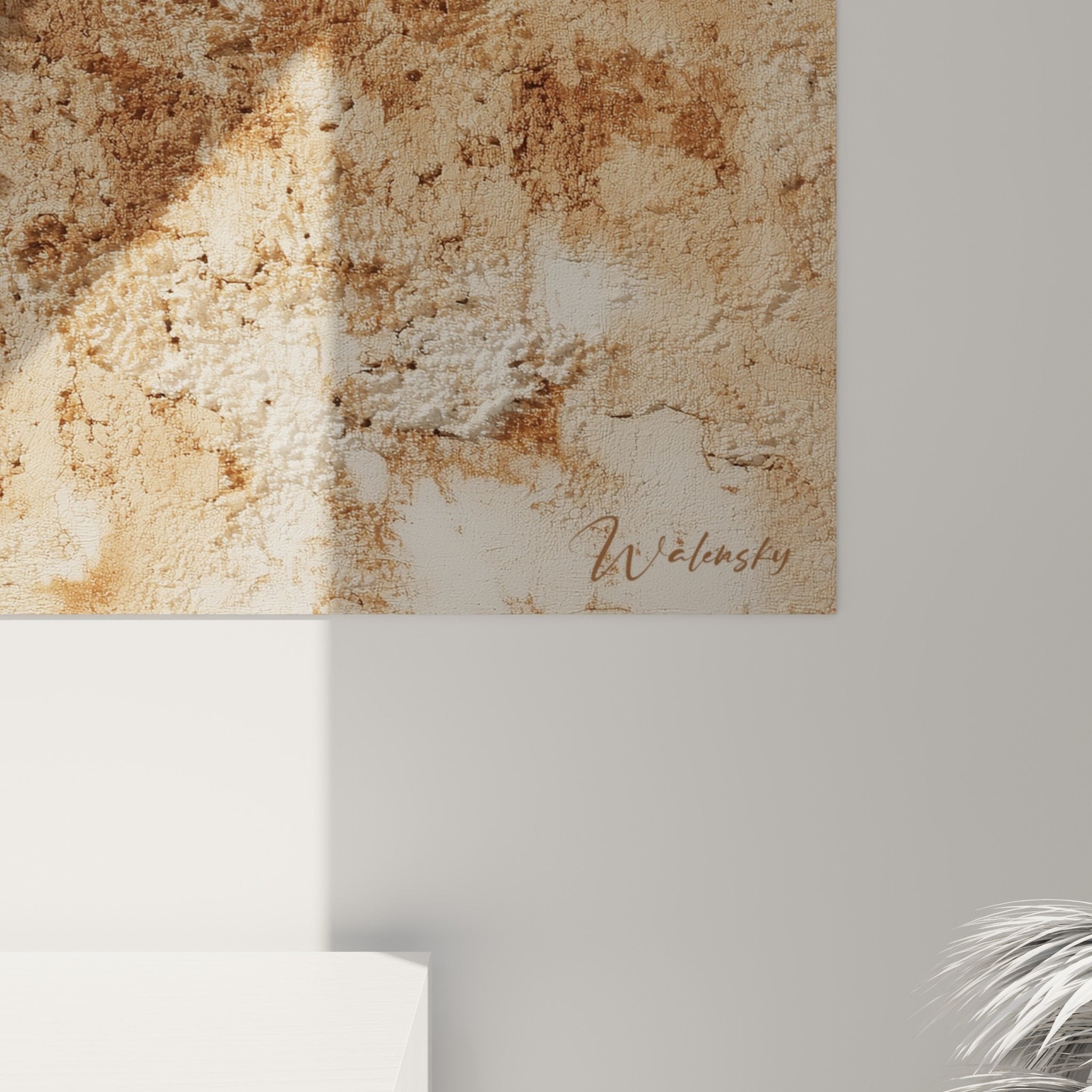 vue ensemble tableau mural abstrait textures minérales terre cuite blanc cassé style naturel feng shui
