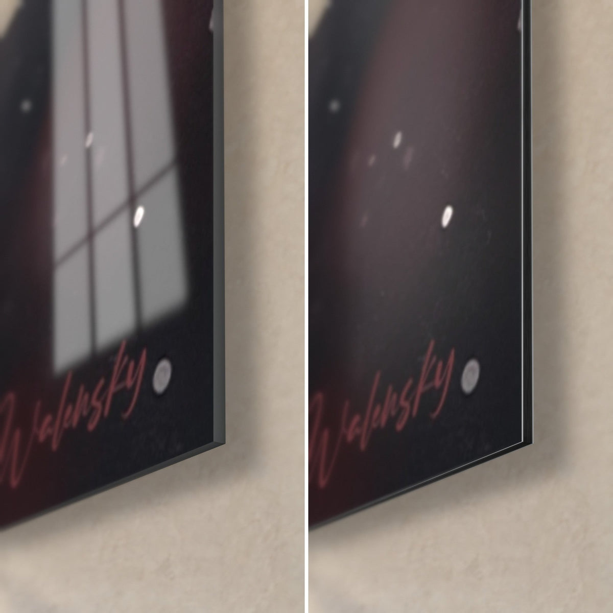 Gemälde Doppelhelix in Rot und Schwarz, unten rechts: glänzendes Acrylglas links, mattes Dibond-Aluminium rechts, 3 mm Kantenstärke