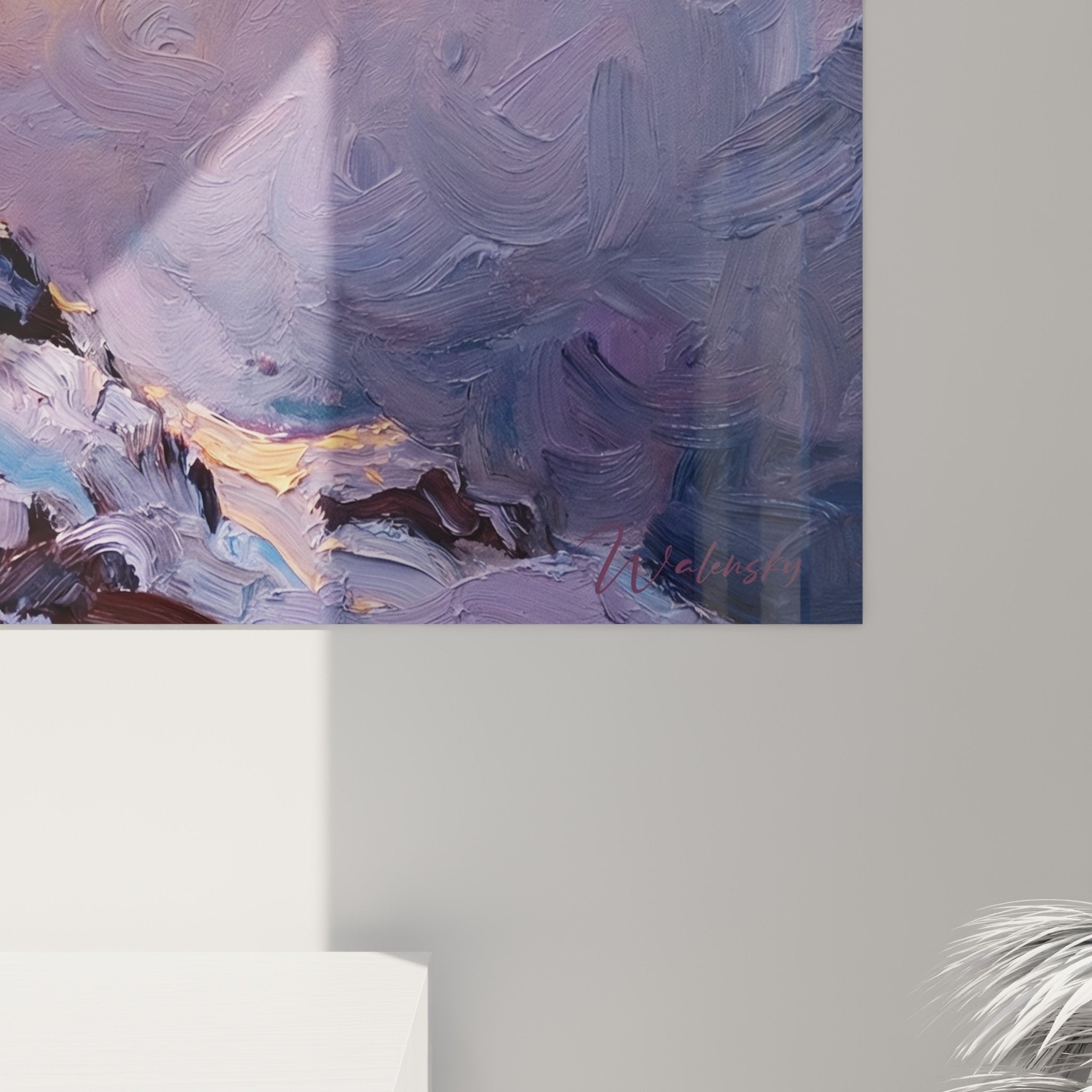 Vue ensemble tableau mural Akita Inu rocher coucher soleil palette violette dorée décoration intérieur