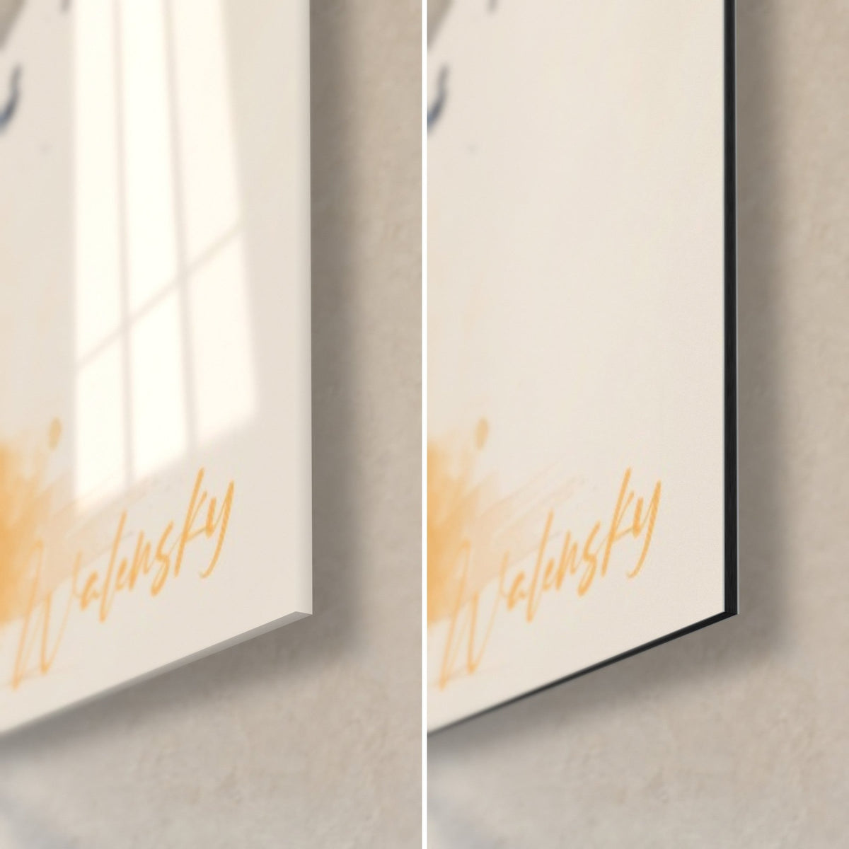 Gemälde Strauß signiert Walensky, untere rechte Ecke: glänzendes Acrylglas links, mattes Dibond-Aluminium rechts, schwarze Kante von 3 mm