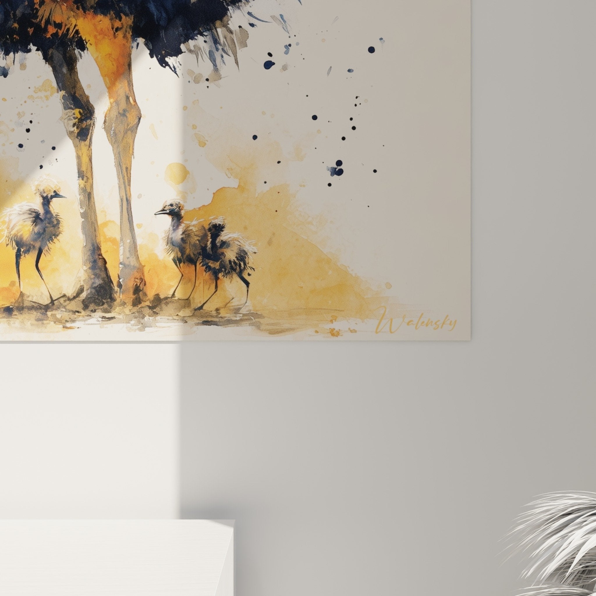 Vue ensemble tableau mural autruche poussins aquarelle coloree decoration murale art animalier moderne
