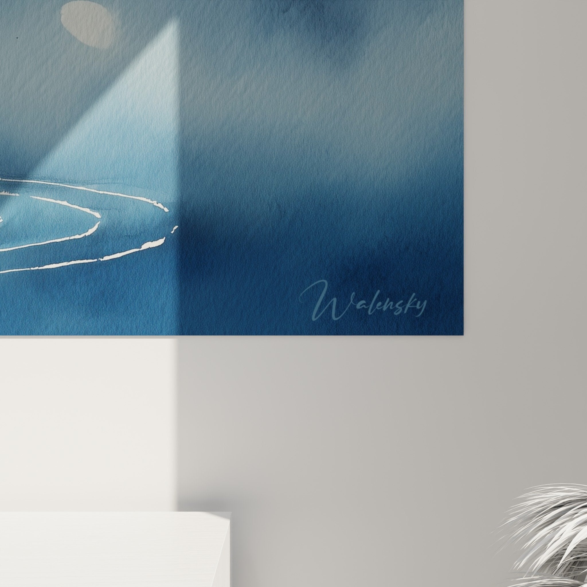 Vue perspective tableau mural bambou cascade galets zen tons bleus feng shui decoration