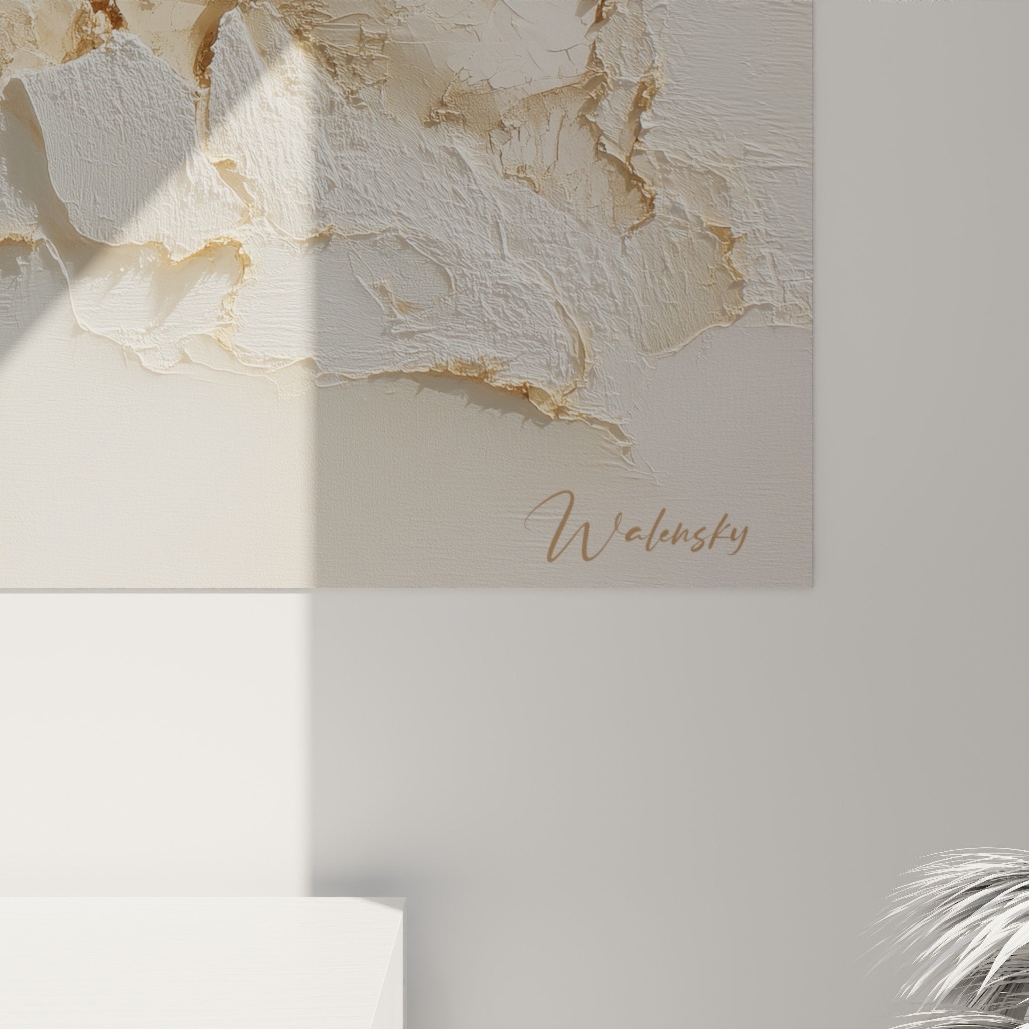 Abstract white and gold wall art with textured feng shui earth center element for modern home decor