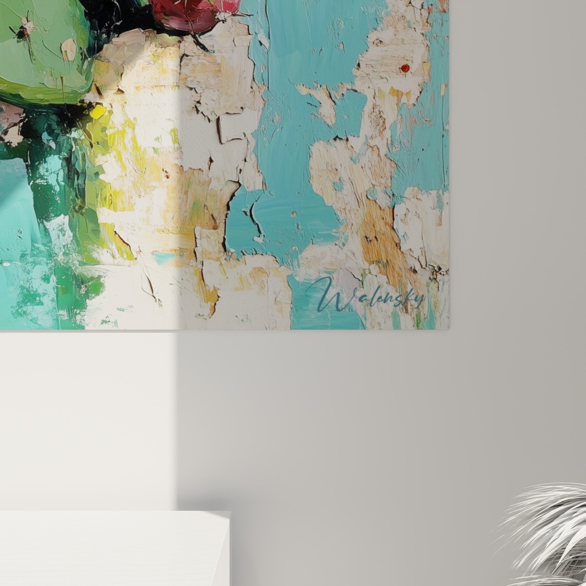 Vue perspective tableau mural cactus tropical fond turquoise écaillé décoration murale bohème