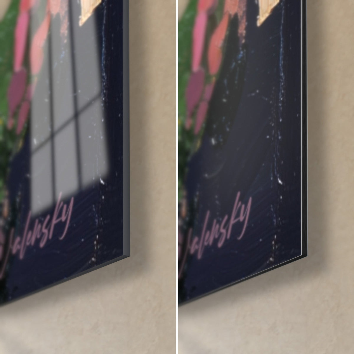 Cuadro cactus en pasta gruesa, esquina inferior derecha: cristal acrílico brillante que refleja la ventana, aluminio Dibond negro mate, canto de 3 mm