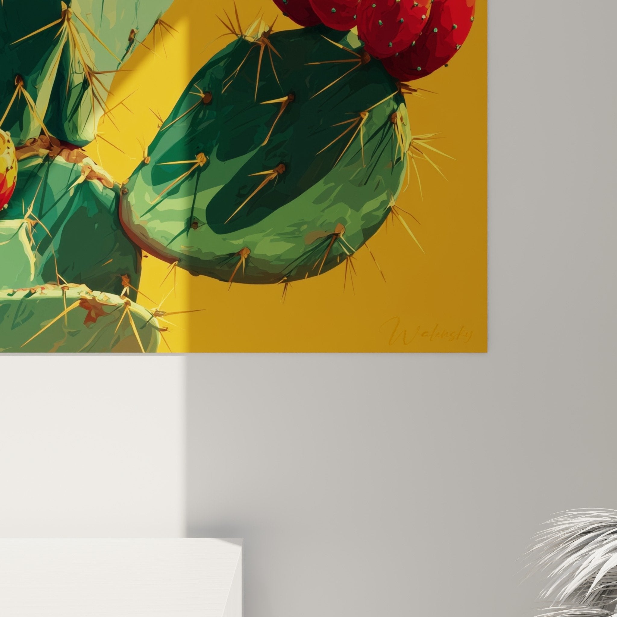 Vue ensemble tableau mural cactus palette ocre rouge, figuiers barbarie décoration intérieure moderne