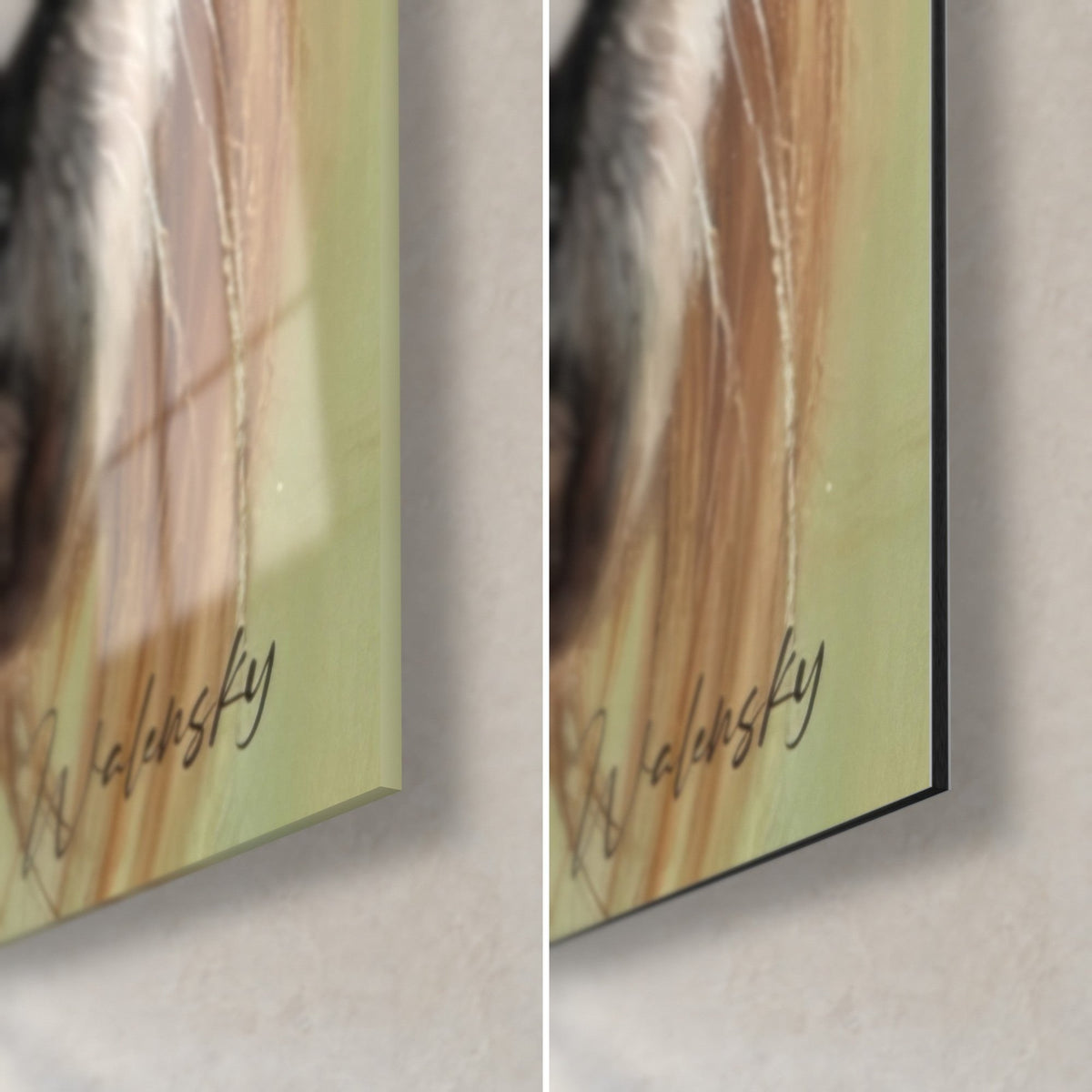 Cuadro retrato de perro rojo, esquina inferior derecha: cristal acrílico brillante con reflejos a la izquierda, aluminio Dibond negro mate a la derecha, canto de 3 mm