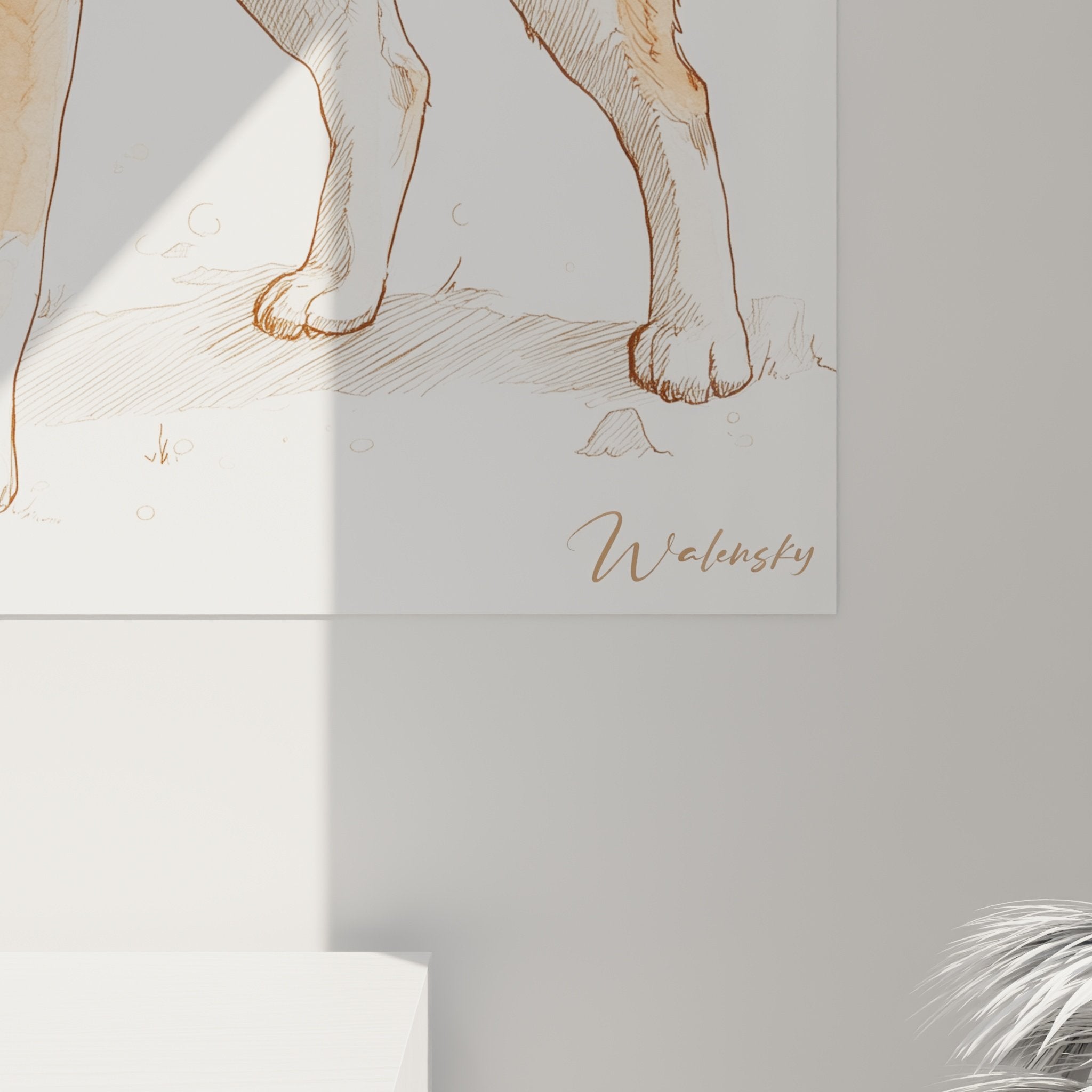 Overview of the Shiba Inu wall art contemplating butterfly, decorative artwork for cosy interior