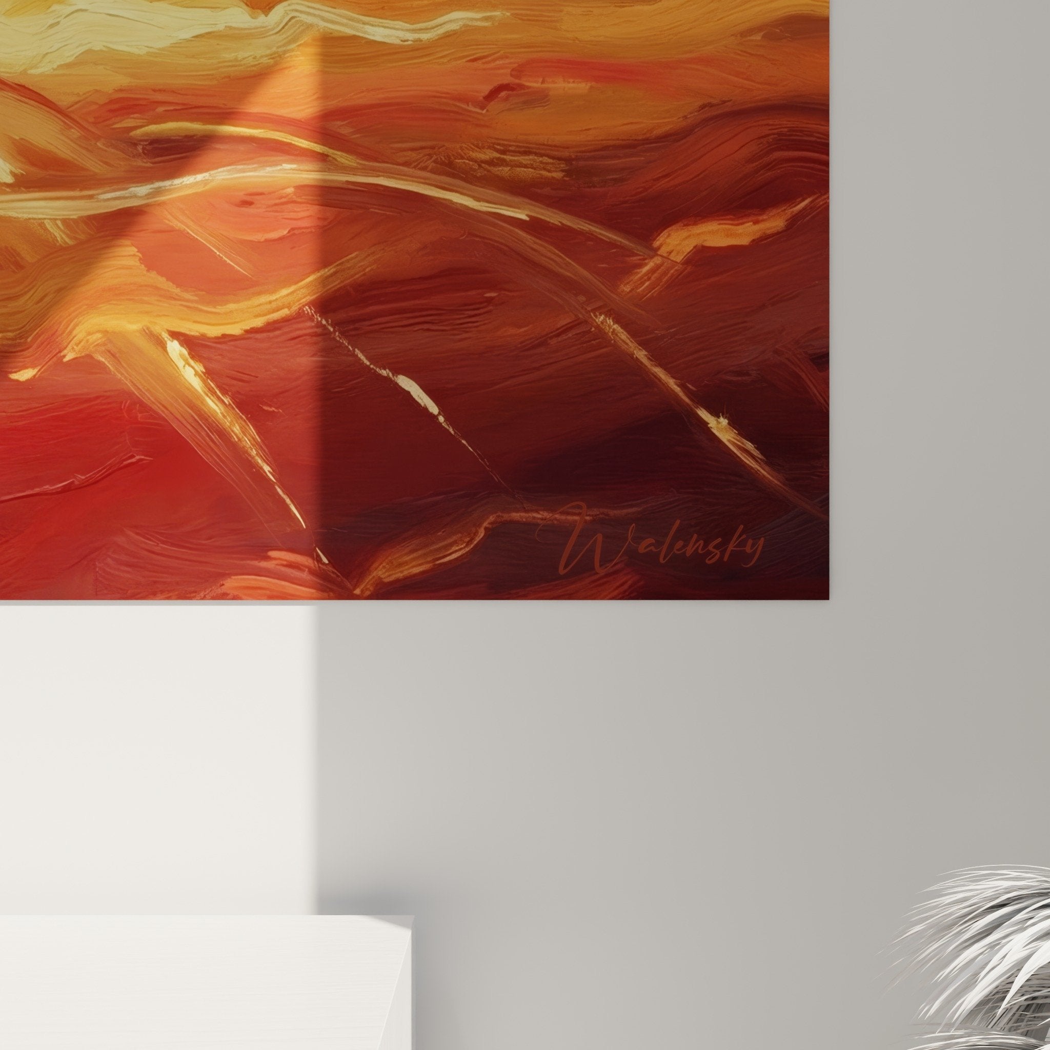 Gesamtansicht Wandbild Fallschirmspringer Freifall Innenraum Dekoration warme Farben Orange Rot Wohnzimmer