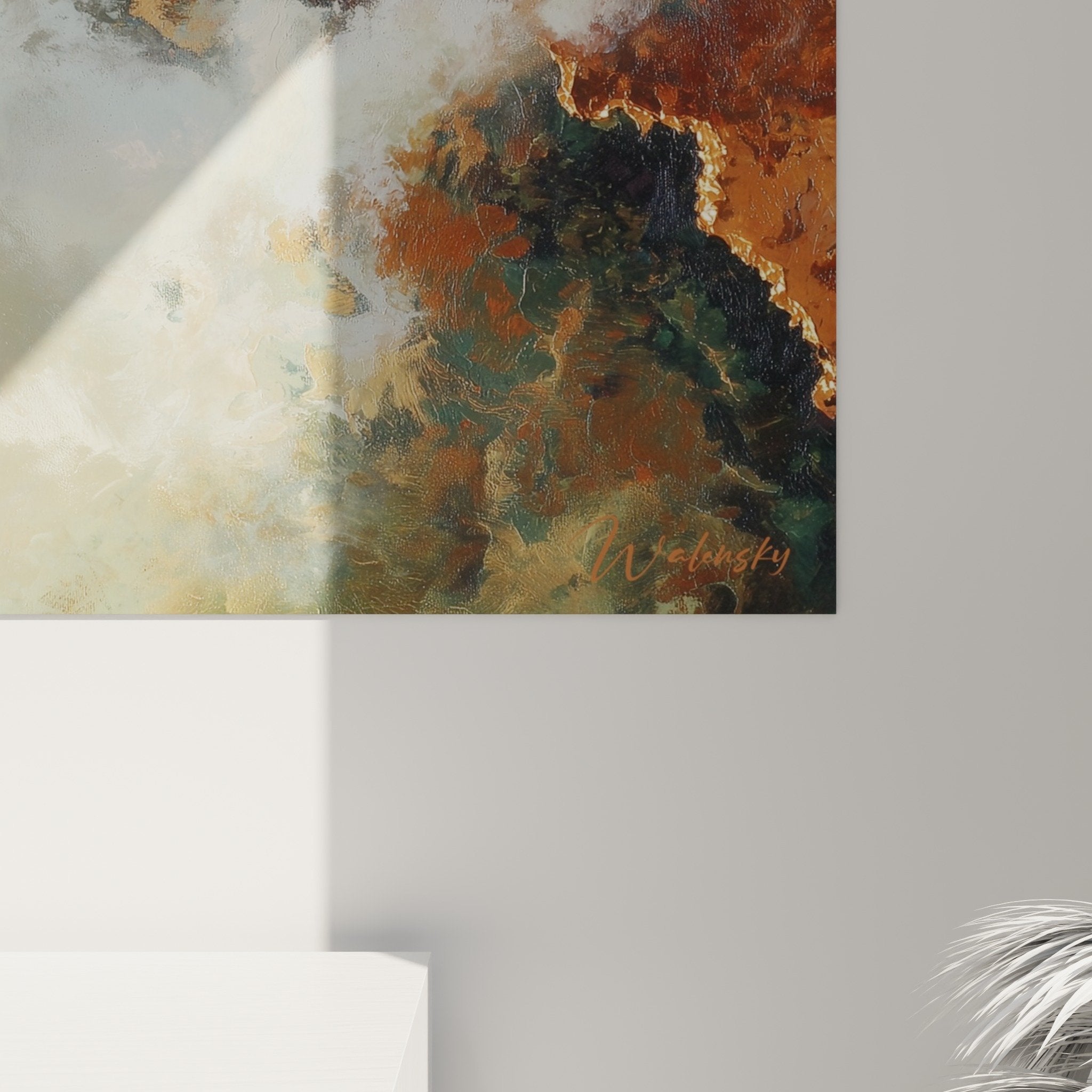 Overall view abstract wall art stormy sky copper tones Feng shui Northeast Earth decoration
