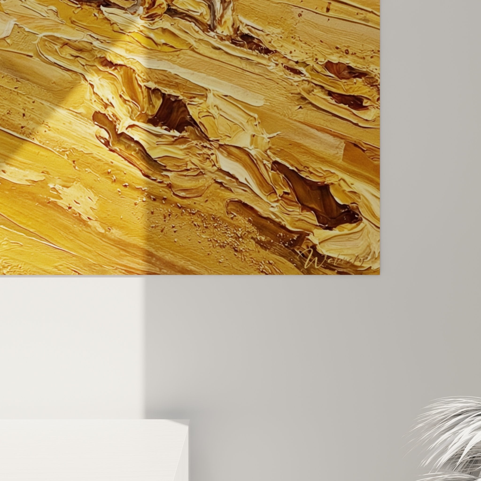 Gesamtansicht Wandbild Corgi Strand Wohnzimmer Dekoration maritime Töne warme Blautöne