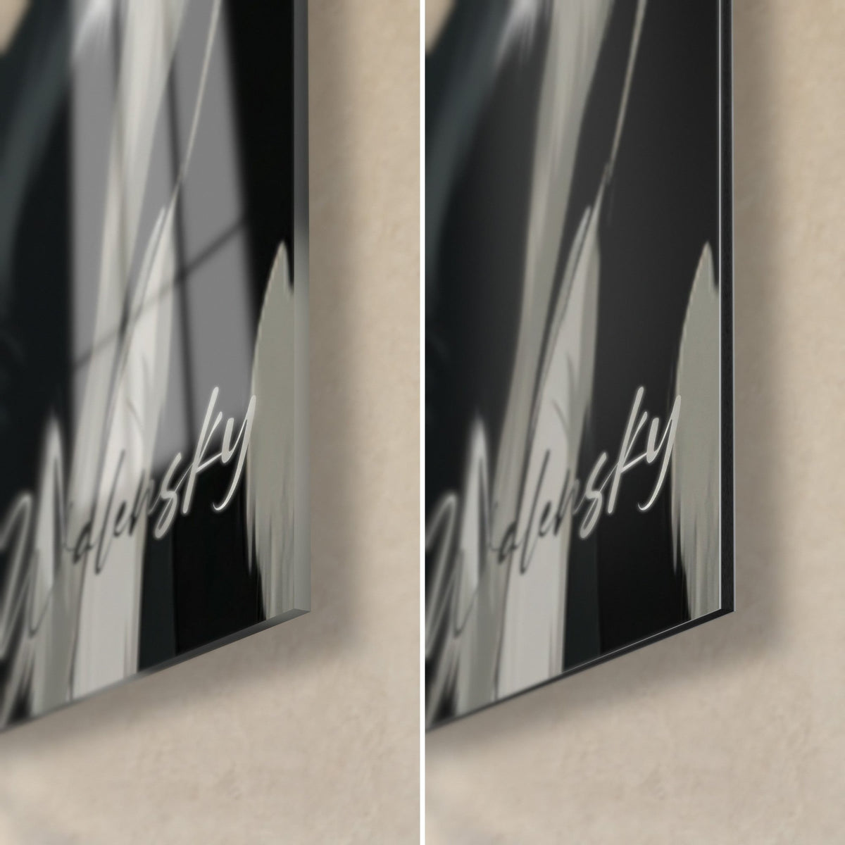 Schilderij Harlekijn-Duitse dog, rechter onderhoek: glanzend acrylglas links, mat zwart Dibond-aluminium rechts, rand van 3 mm