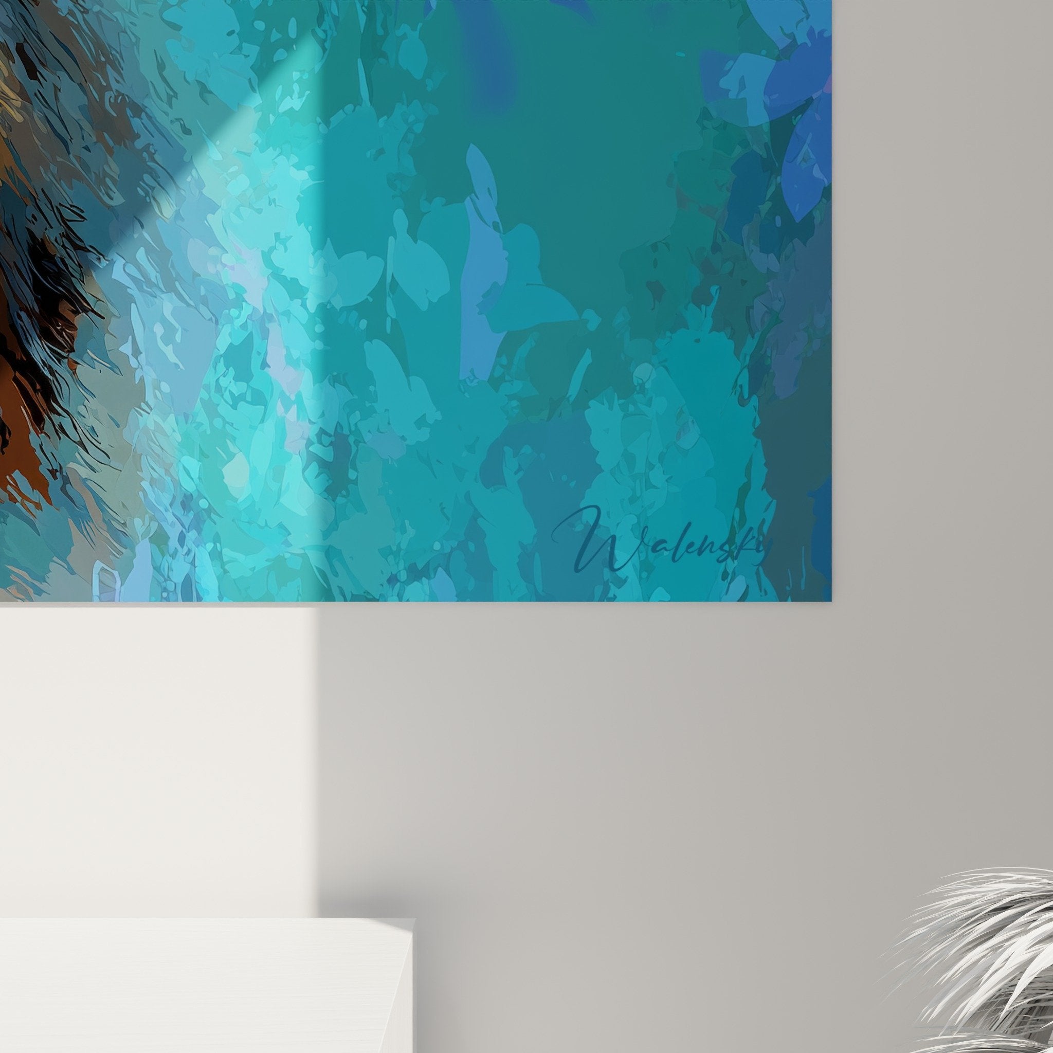 Full view contemporary eurasian wall art in turquoise blue and pink tones modern interior decoration