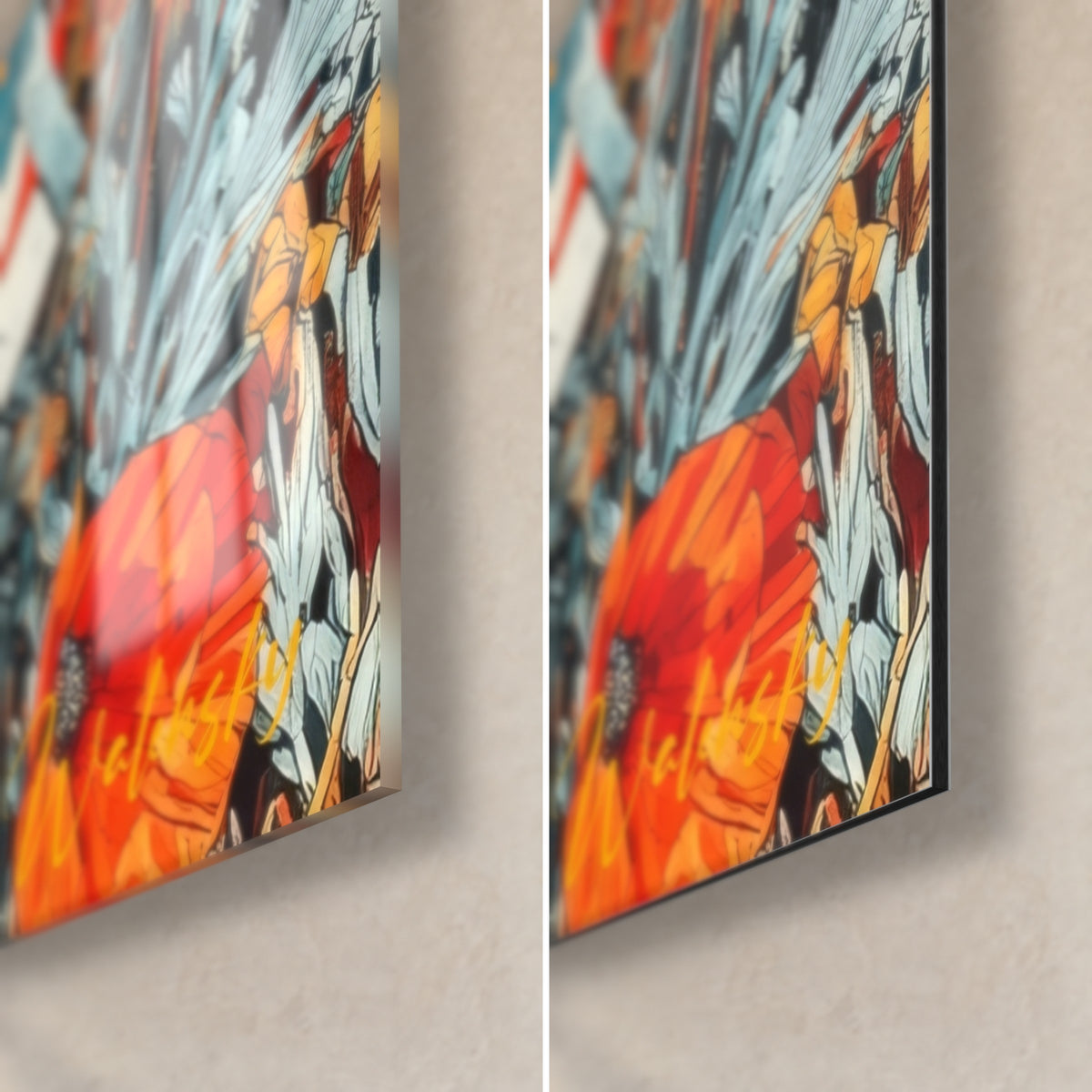 Wall art red orange poppy with blue-grey leaves, bottom right corner in glossy glass and matte Dibond aluminium, 3 mm edge