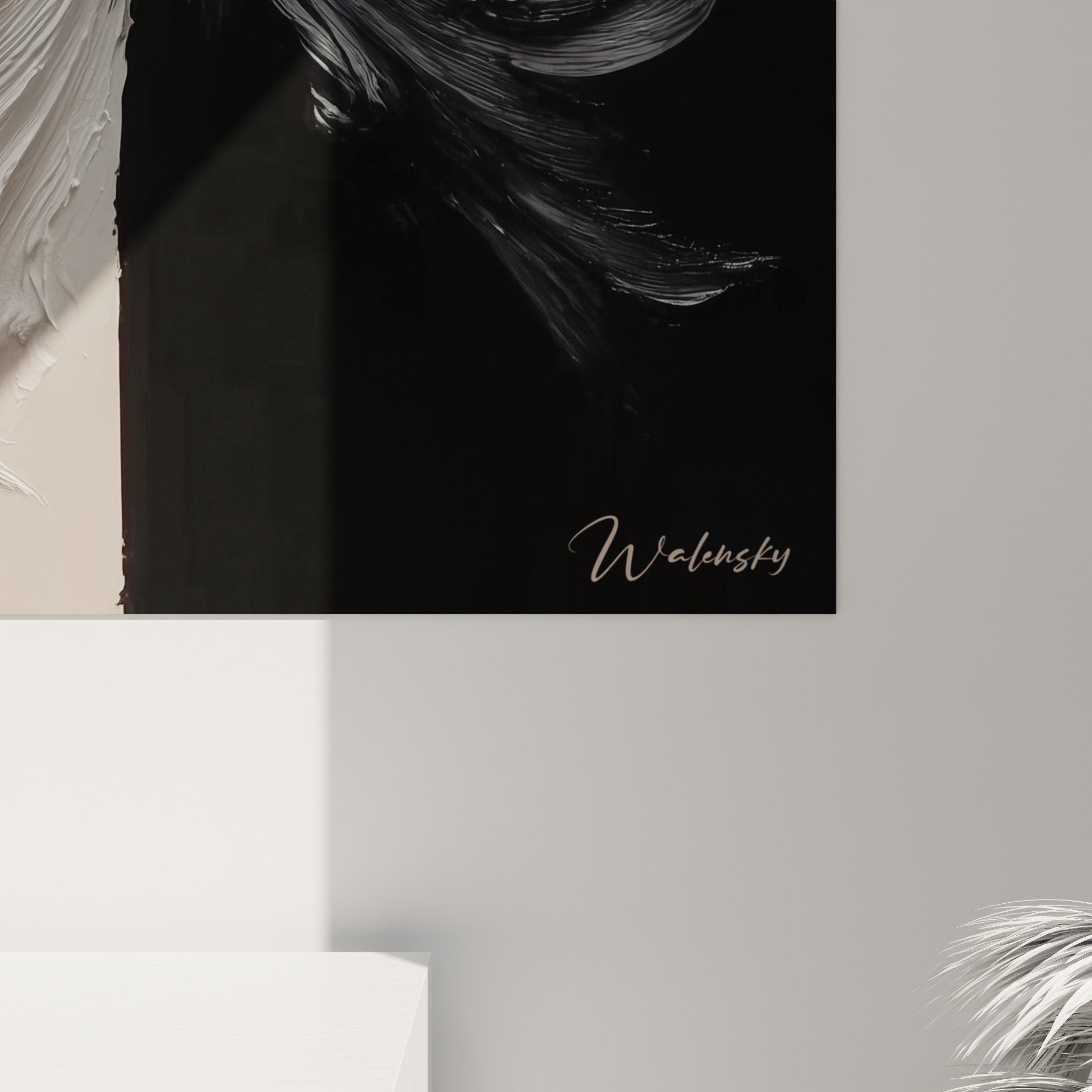 Vue ensemble tableau mural fleur abstraite relief dualite chromatique decoration moderne feng shui